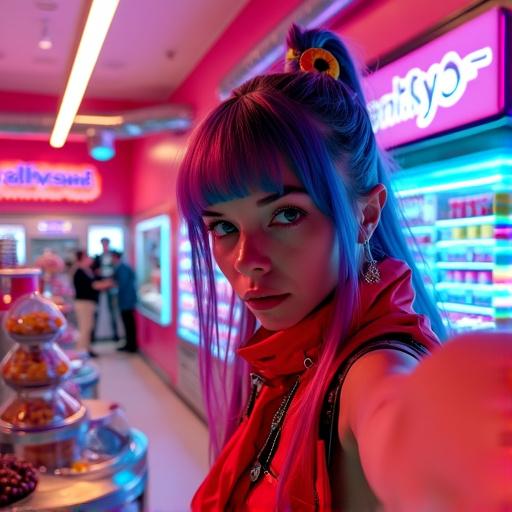 Cyberpunk selfie futuristinen karkkikauppa