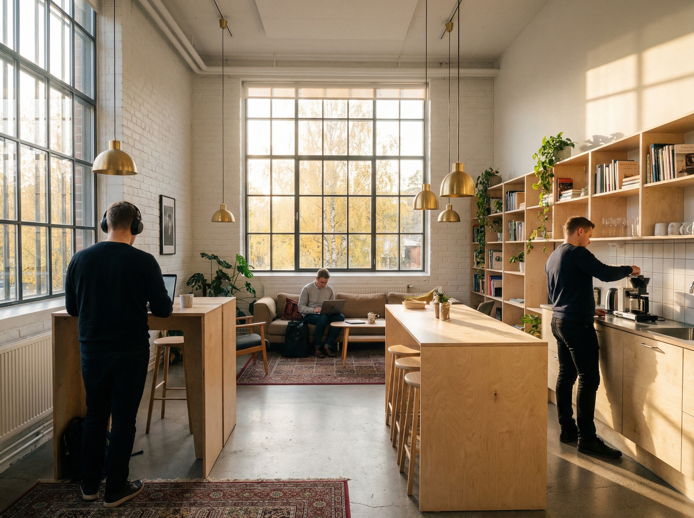 Moderni yhteistyötila syysaamun valossa, useita ihmisiä työskentelemässä rauhallisessa ympäristössä