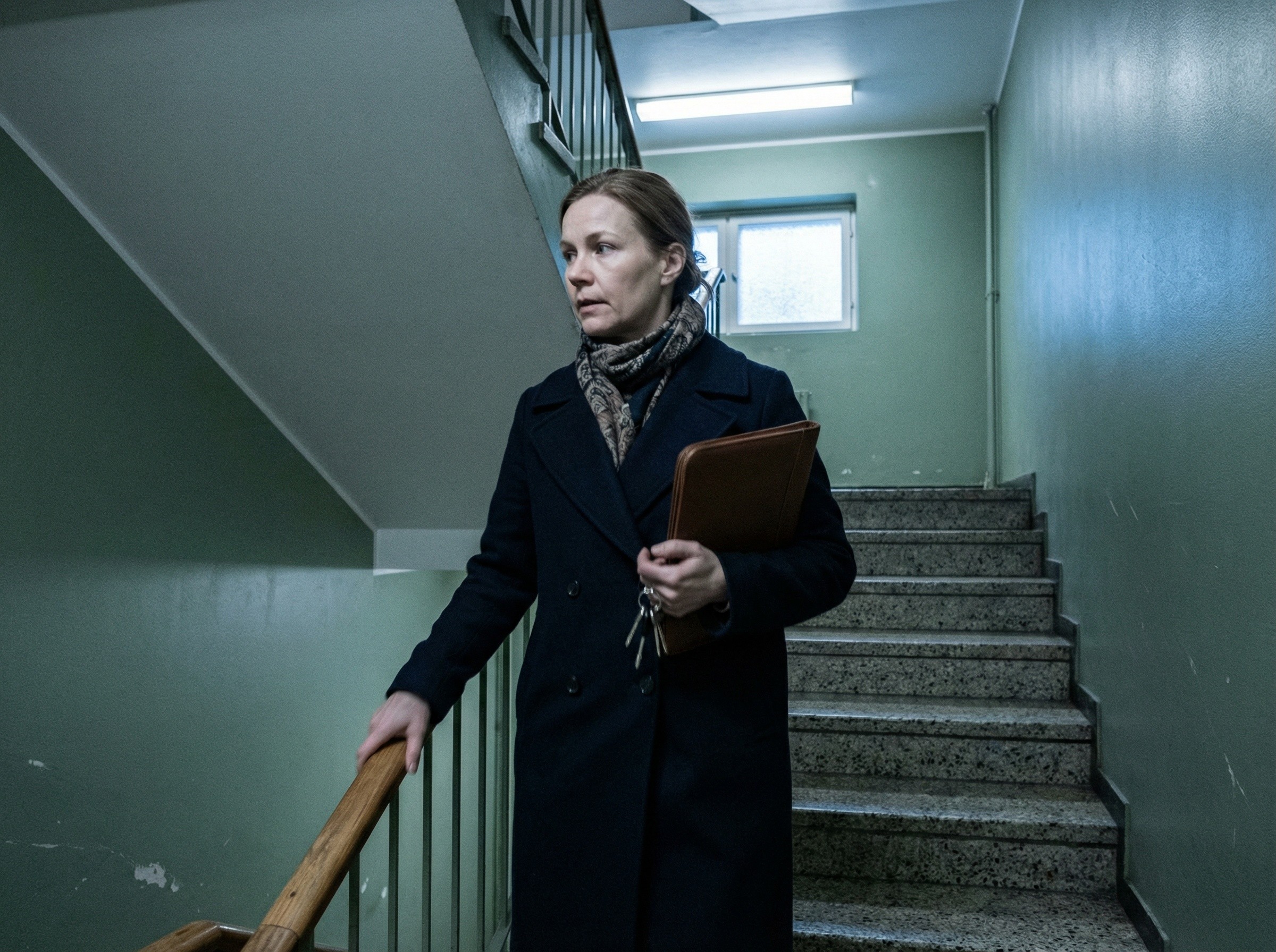 Kiinteistönvälittäjä kävelee ylös rappukäytävässä avaimet kädessä