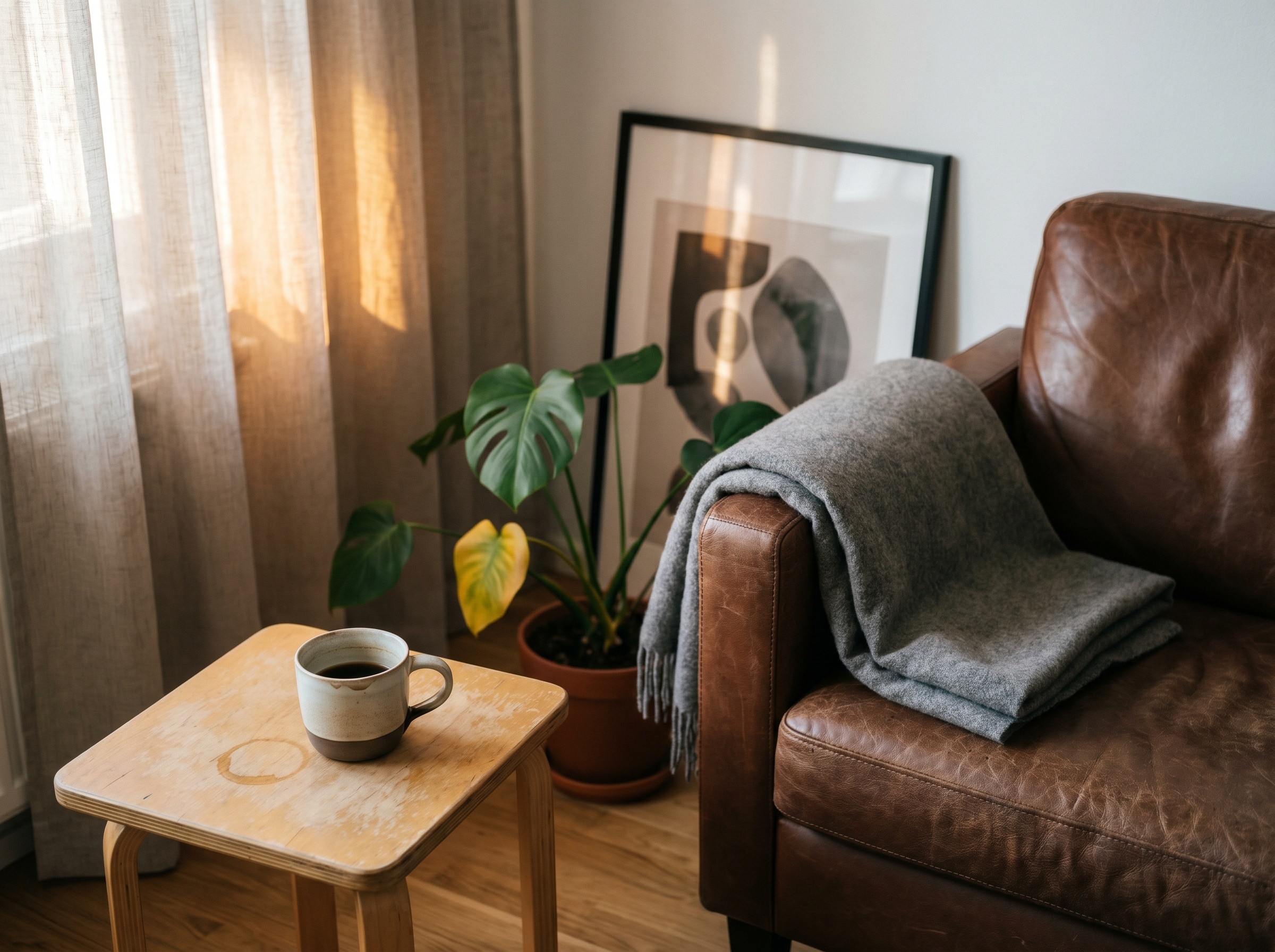 Kodikas olohuoneen yksityiskohta nahkatuolista, kahvikupista ja huonekasvista pehmeässä iltapäivänvalossa
