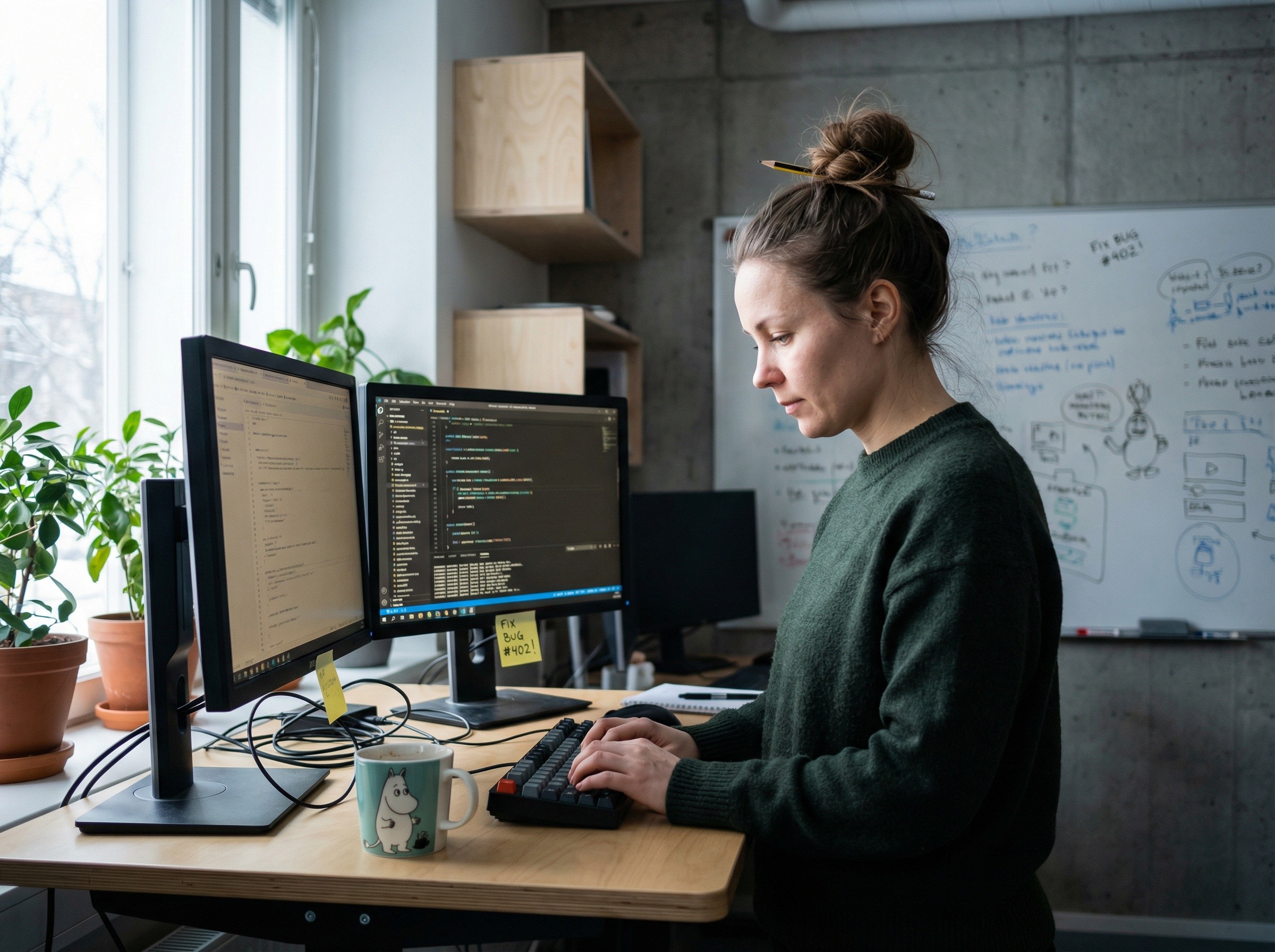 Naispuolinen ohjelmistokehittäjä kirjoittaa koodia seisomapöydän ääressä helsinkiläisessä startup-toimistossa talvivalossa