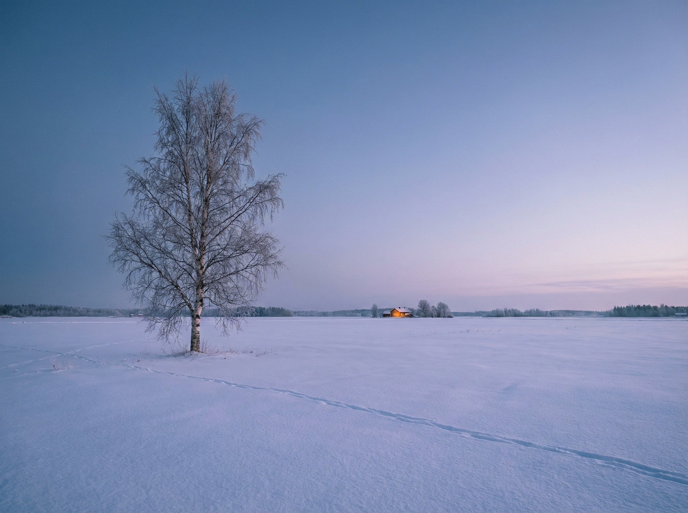 Luminen suomalainen peltomaisema tammikuun sinisellä hetkellä, yksittäinen koivu ja kaukainen valoisa talo