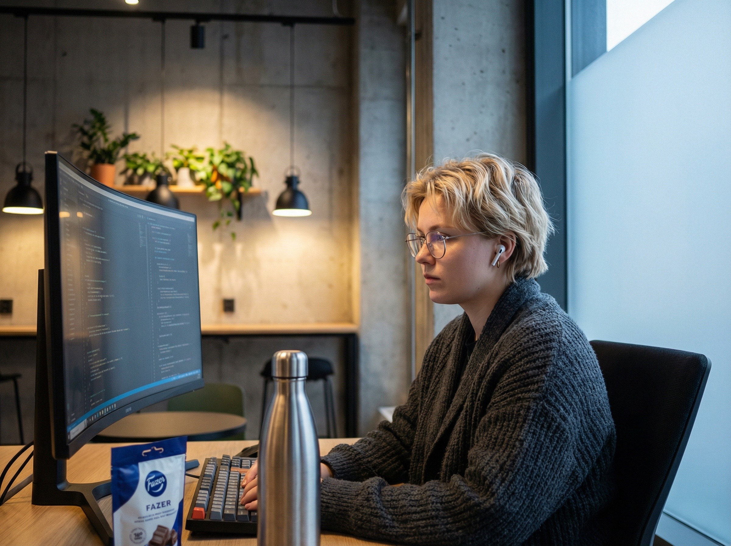 Nuori nainen työskentelee näytön ääressä coworking-tilassa, talvinen aamuvalo ja betoniseinät ympärillä