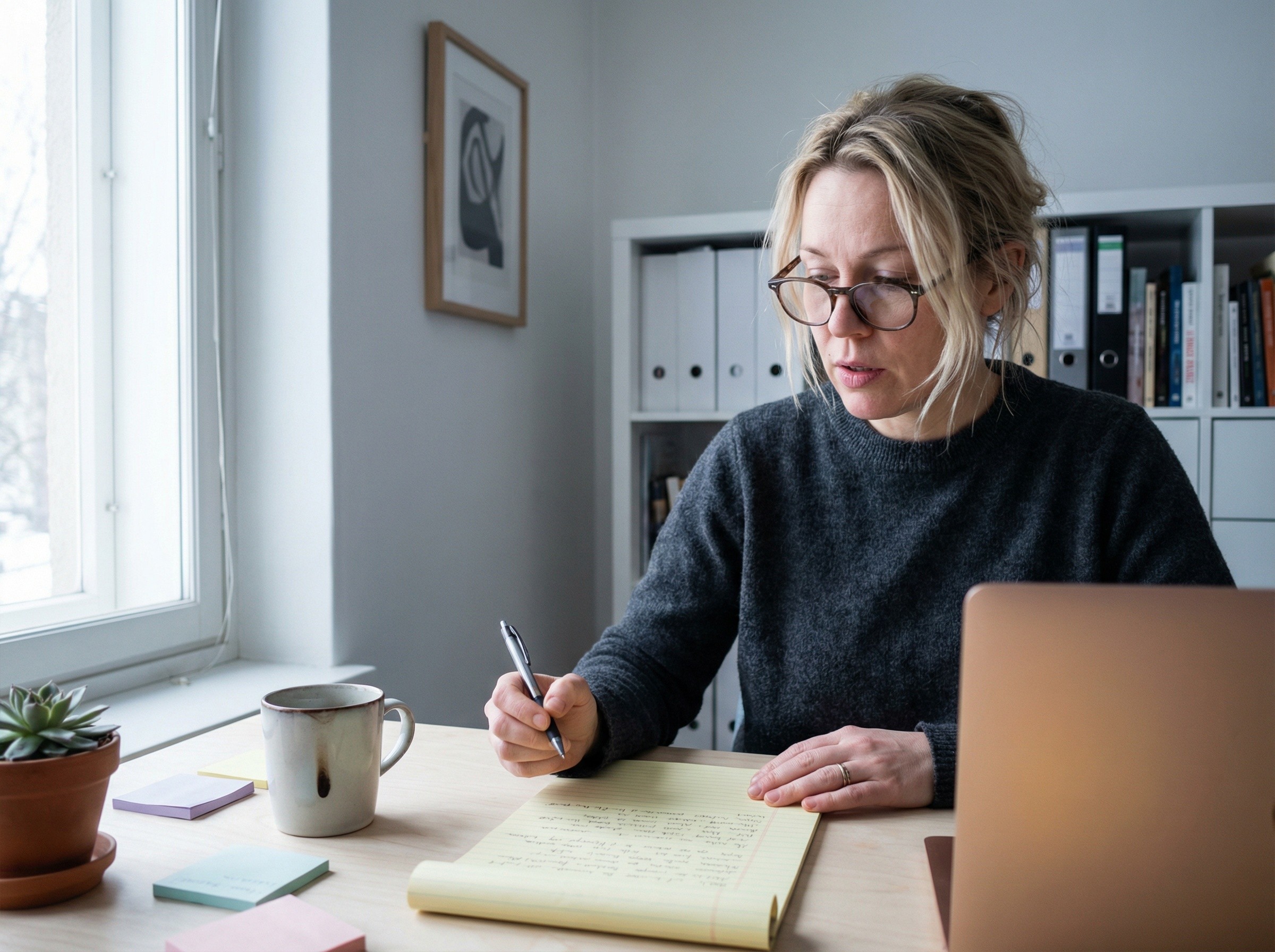 Nainen keskittyy muistiinpanojen lukemiseen koivuvanerisen työpöydän ääressä valoisassa toimistossa