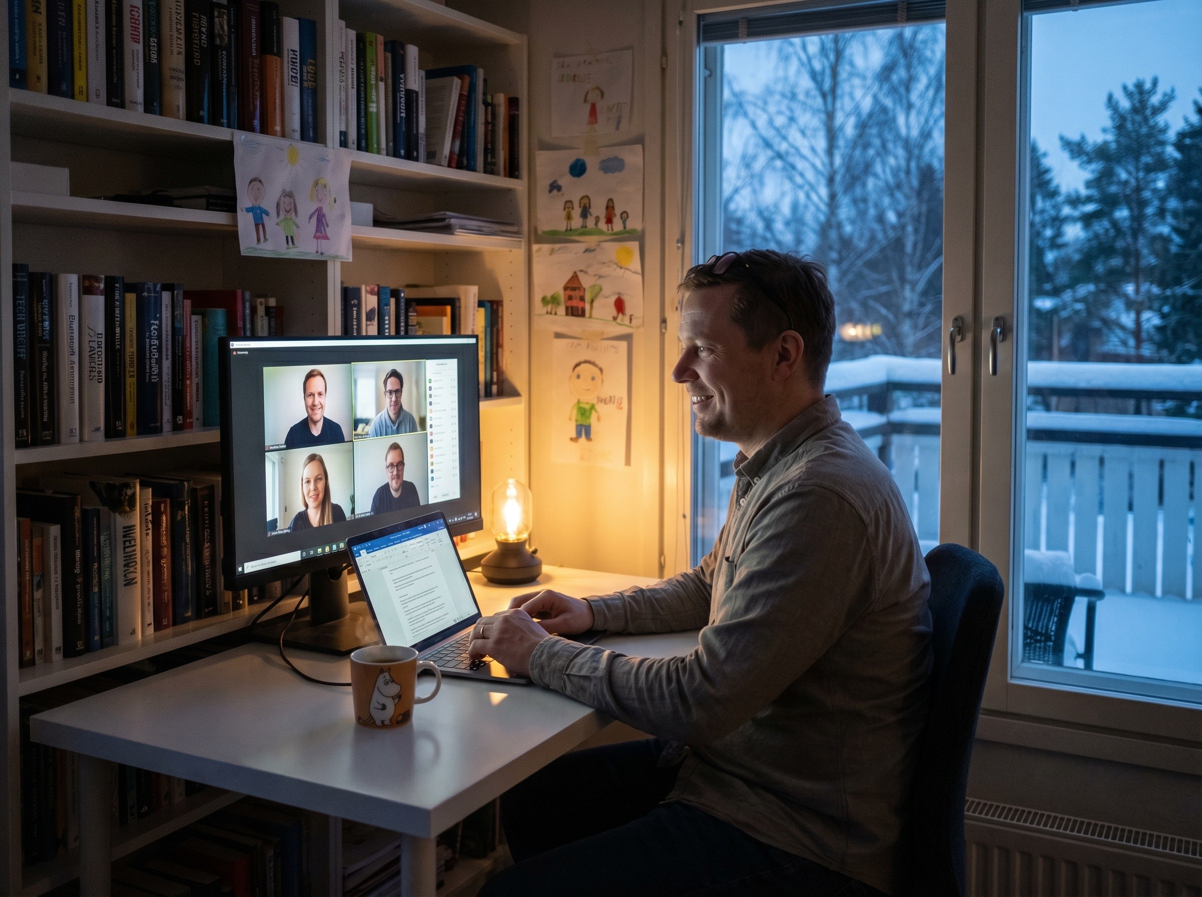 Mies tekee etätyötä kotitoimistossa videopalaverissa pimeänä talviaamuna, kahvimuki pöydällä