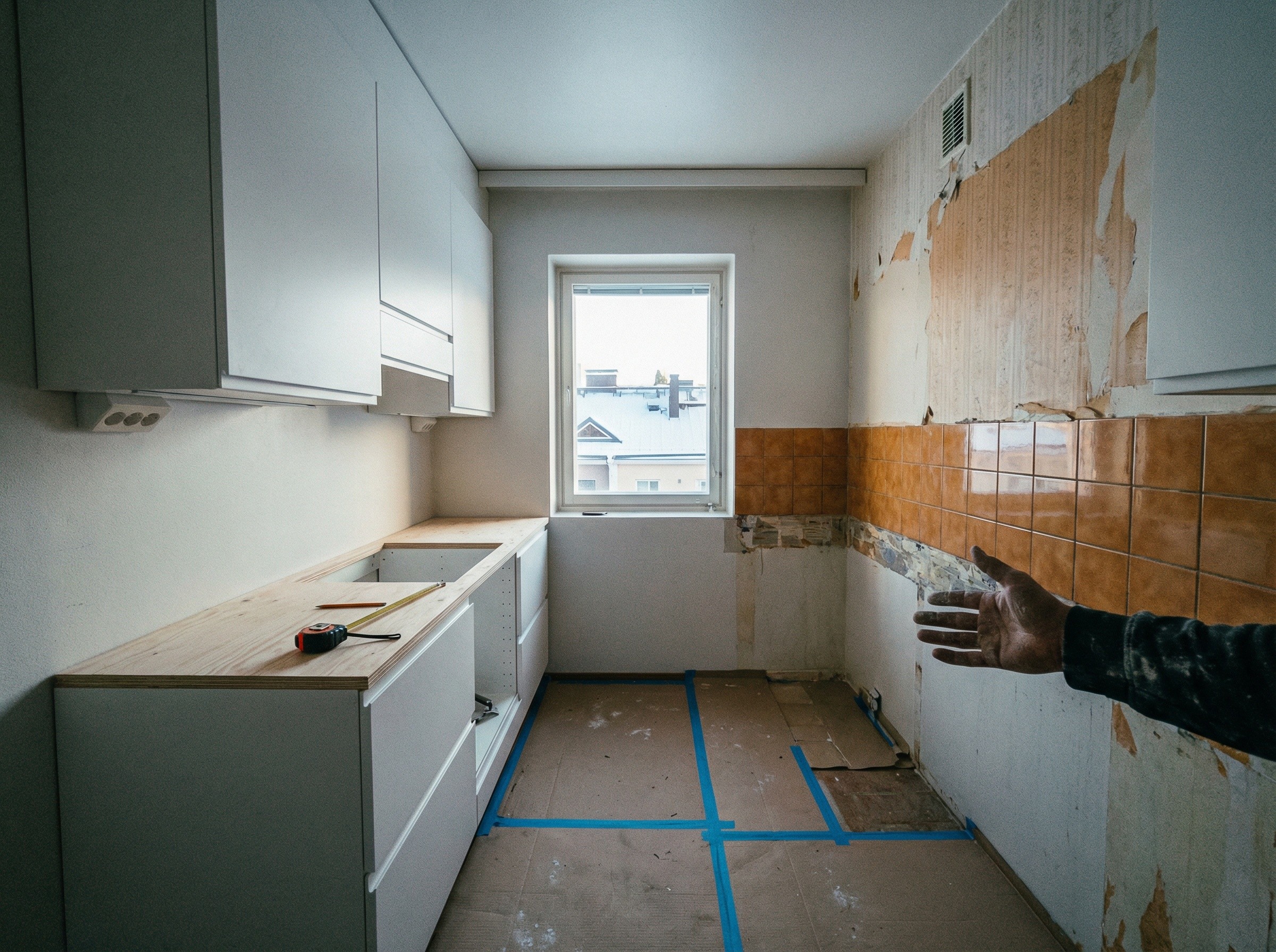 Laajakulvakuva 1970-luvun kerrostaloasunnon keittiöstä keskeneräisen remontin aikana, jossa näkyy uudet kaapit ja vanha kaakelointi