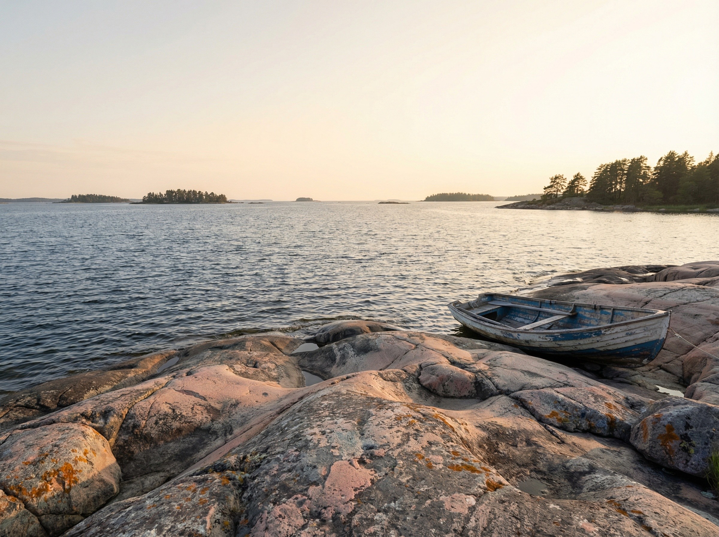 Suomalainen saaristomaisema juhannusyönä, kalliota, tyyni meri ja vanha soutuvene valkoisessa yössä