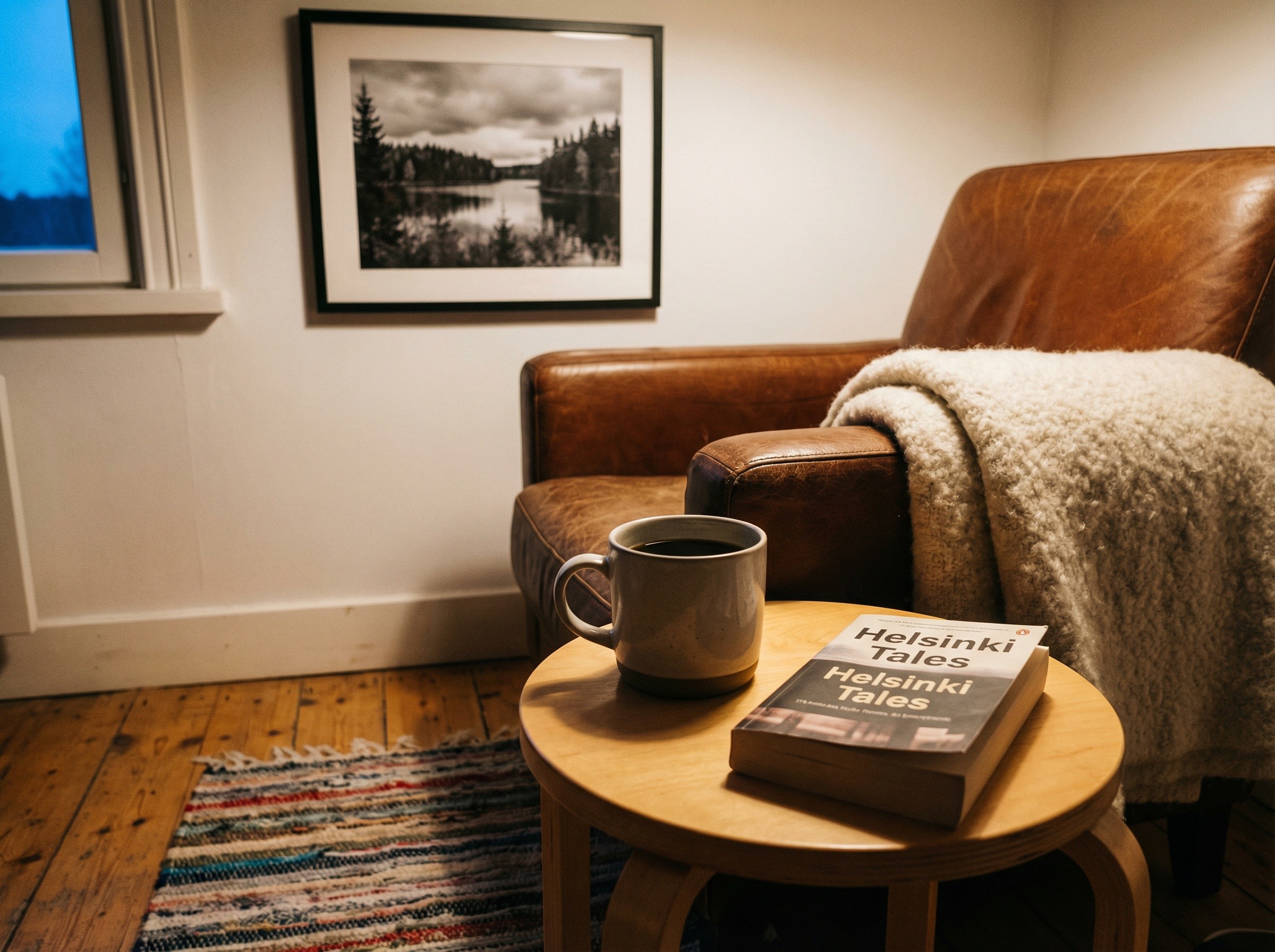 Lähikuva kodikkaasta olohuoneen nurkkauksesta, jossa nahkatuoli, villahuopa, kahvikuppi ja kirja pienellä sivupöydällä