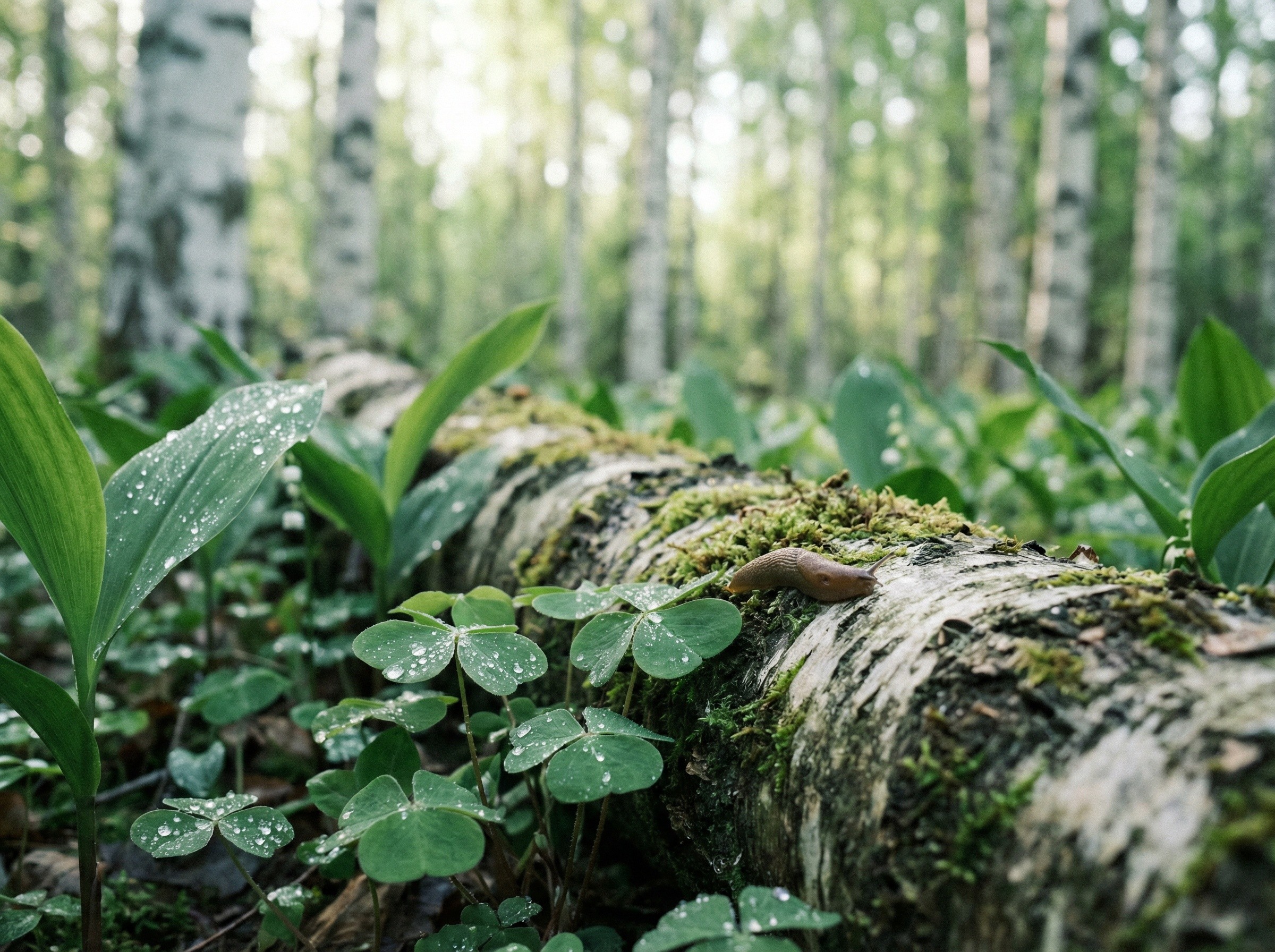 Lähikuva metsänpohjasta alkukesällä, kieloa ja käenkaalia sammaleisella koivun lahopuulla, aamukaste lehdillä pehmeässä valossa