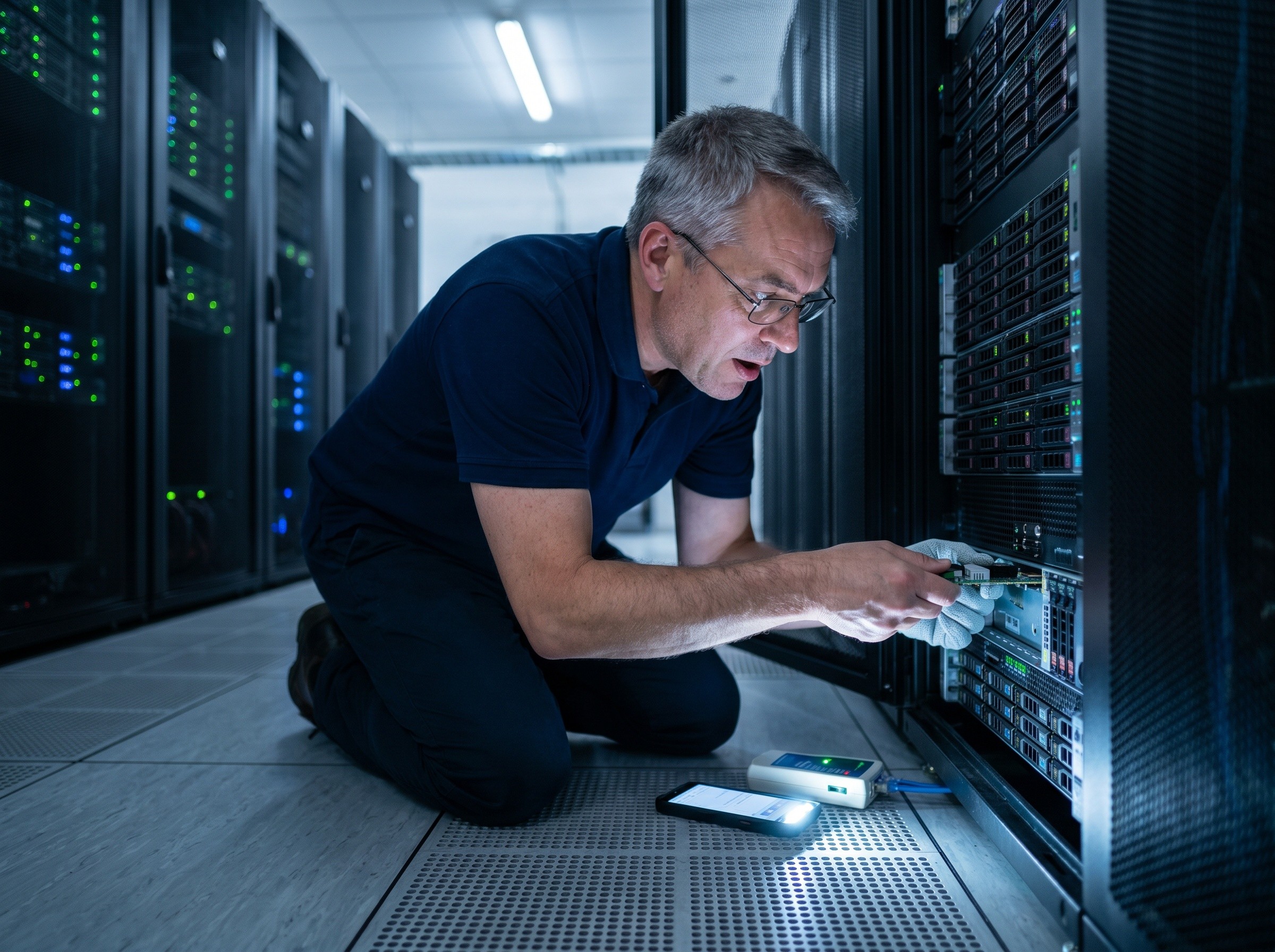 IT-alan ammattilainen työskentelee palvelinhuoneessa vaihtamassa komponenttia serverirackiin