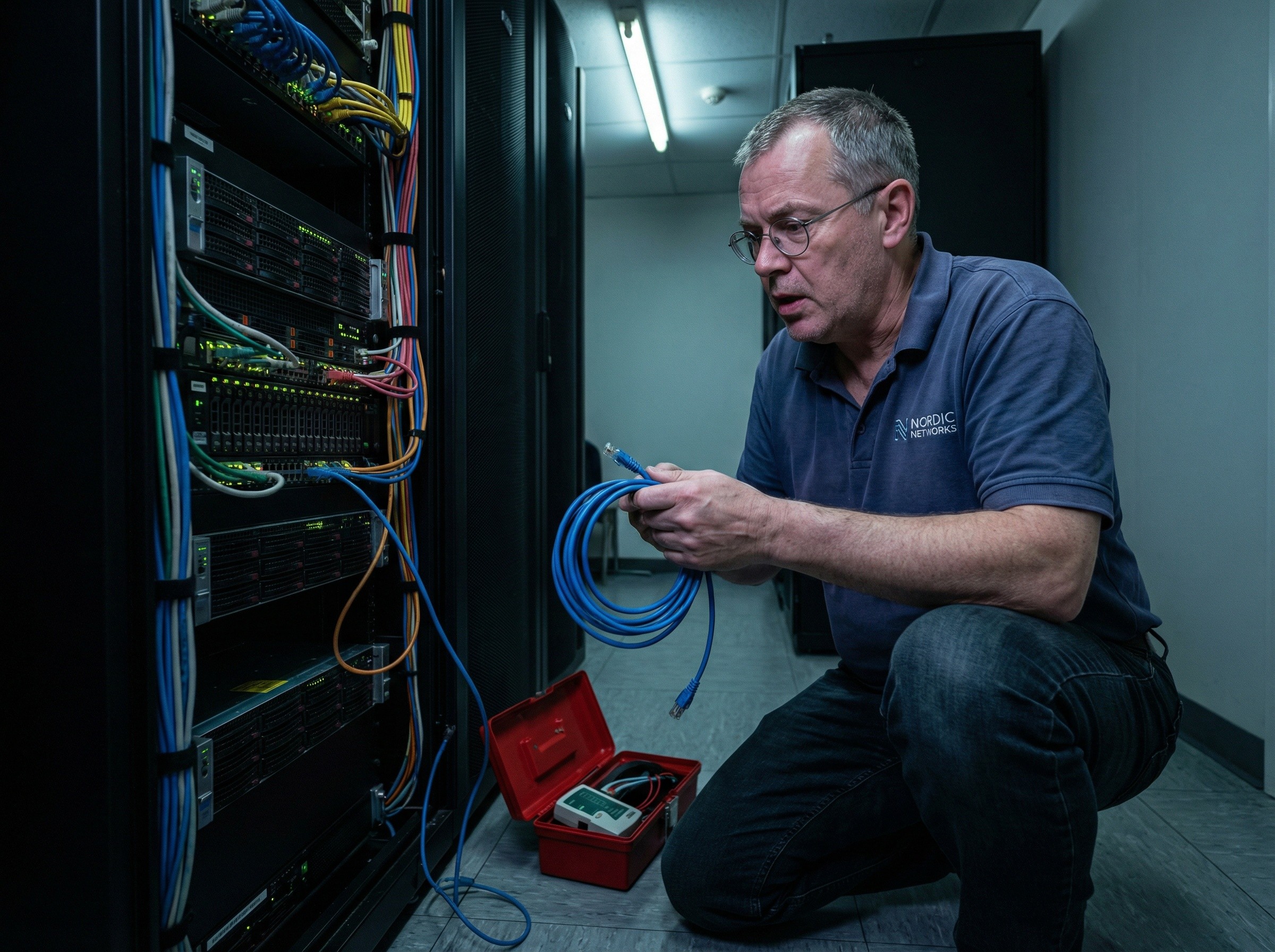 IT-alan ammattilainen työskentelee palvelinkaappien äärellä pienessä palvelintilassa