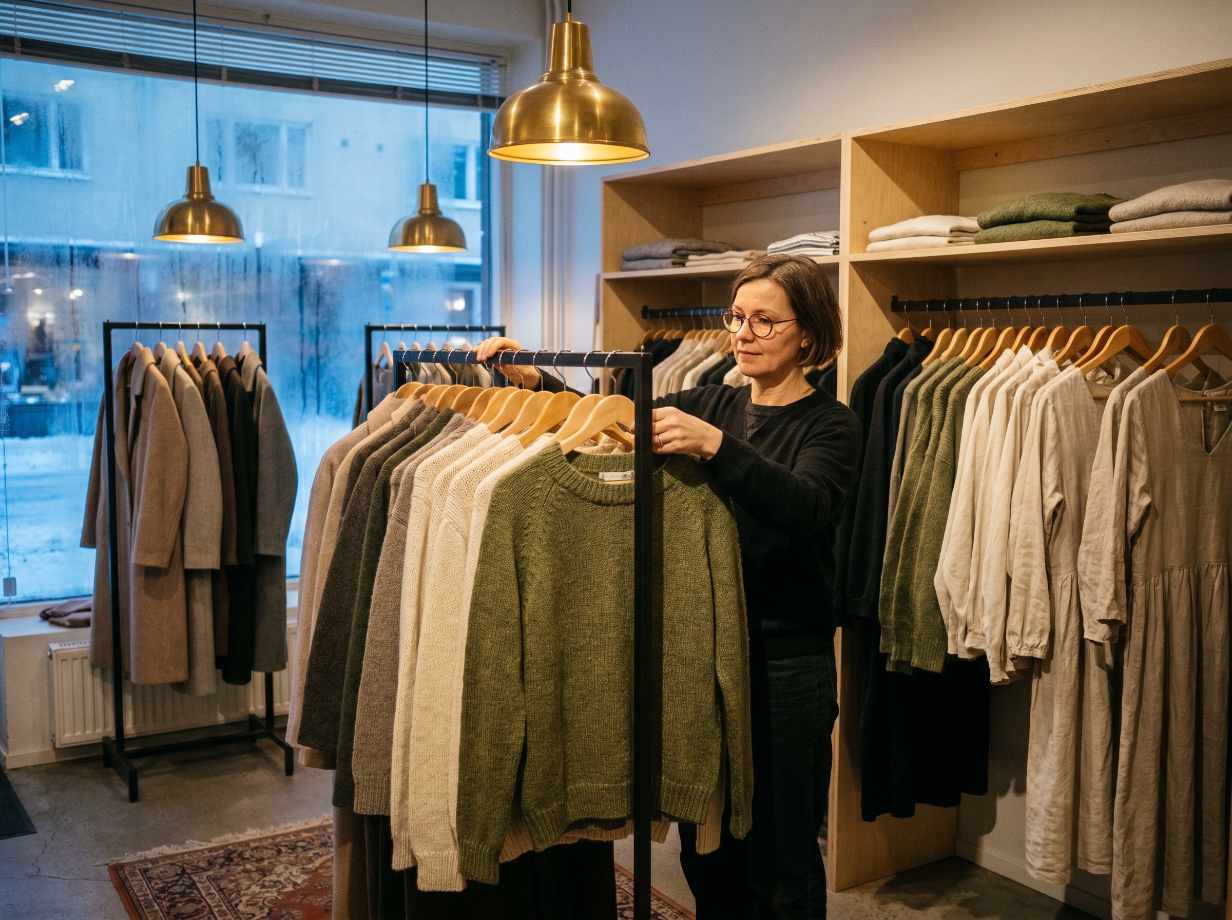 Pienen vaateliikkeen omistaja järjestelee vaatteita lämpimästi valaistussa putiiikissa talvisena aamuna