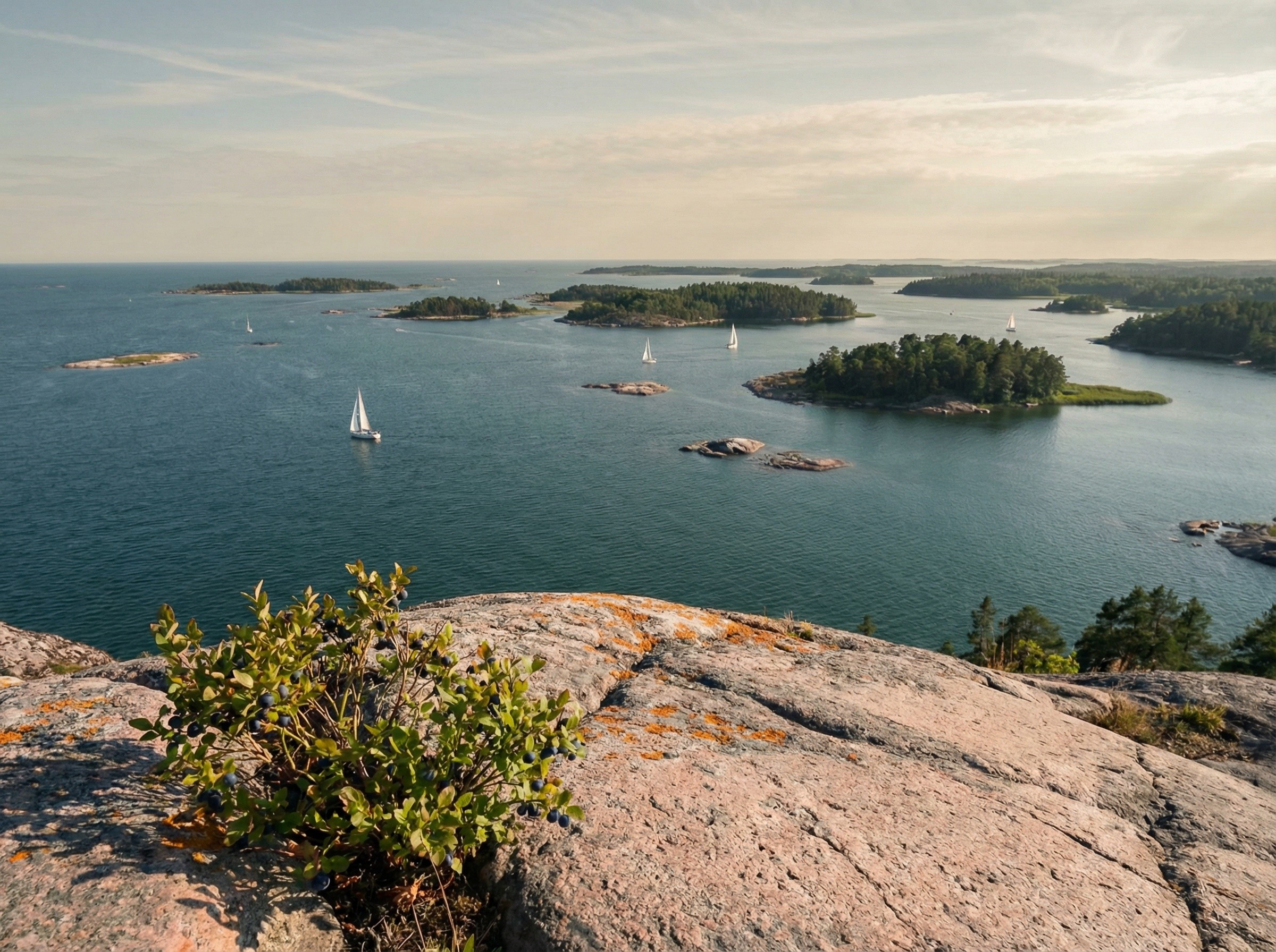 Saaristomaisema korkealta kalliolta, vaaleanpunaista graniittia etualalla, sinivihreä meri ja pieniä saaria, purjeveneitä ja kesäinen taivas