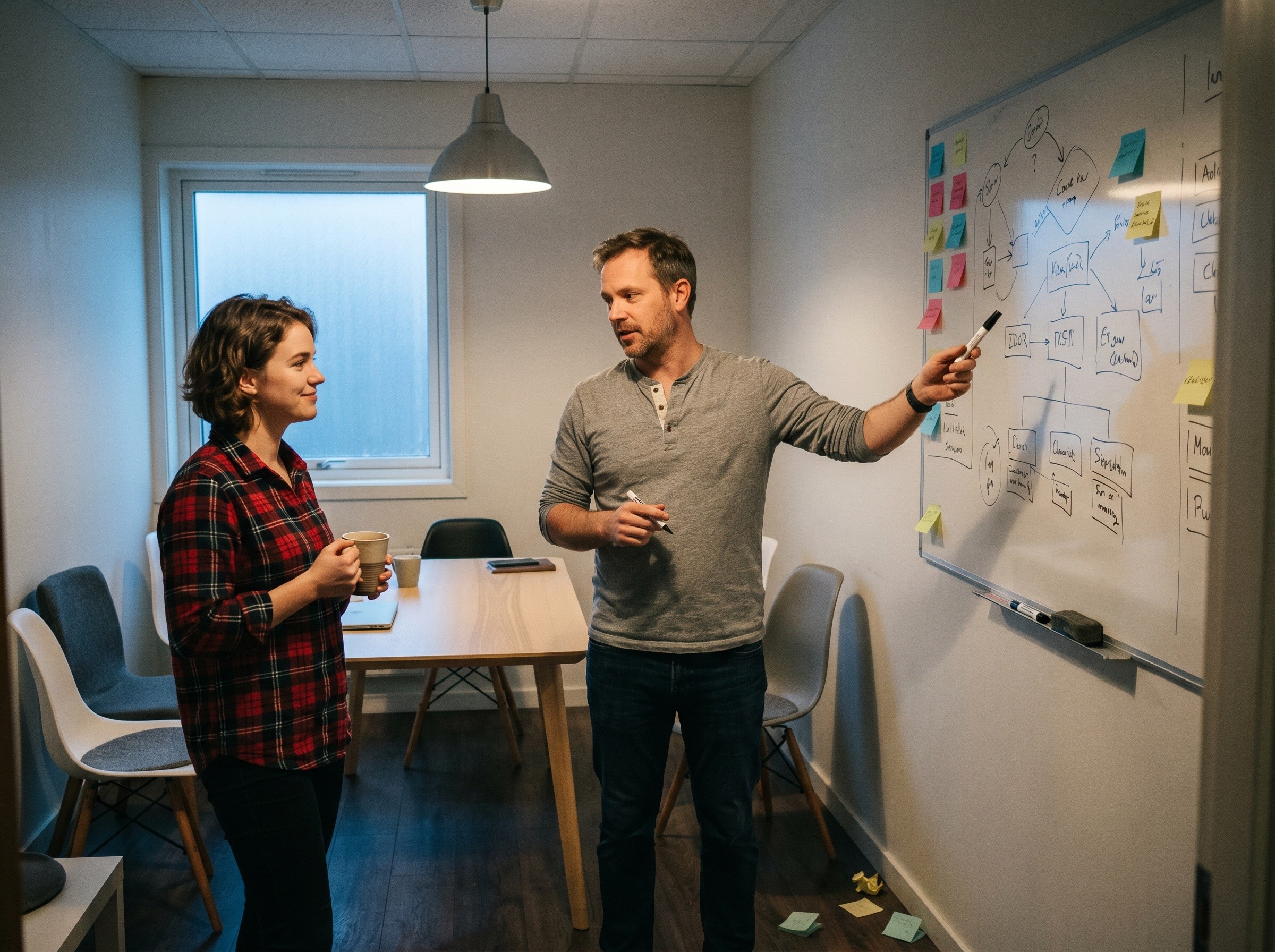 Kaksi työkaveria keskustelee ideoista valkotaulun äärellä pienessä neuvotteluhuoneessa