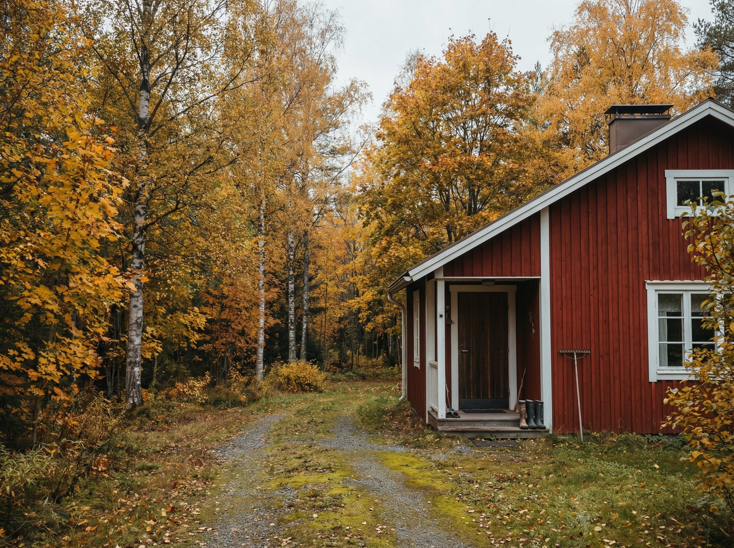 Punainen suomalainen puutalo syksyisessä maisemassa ruskan keskellä