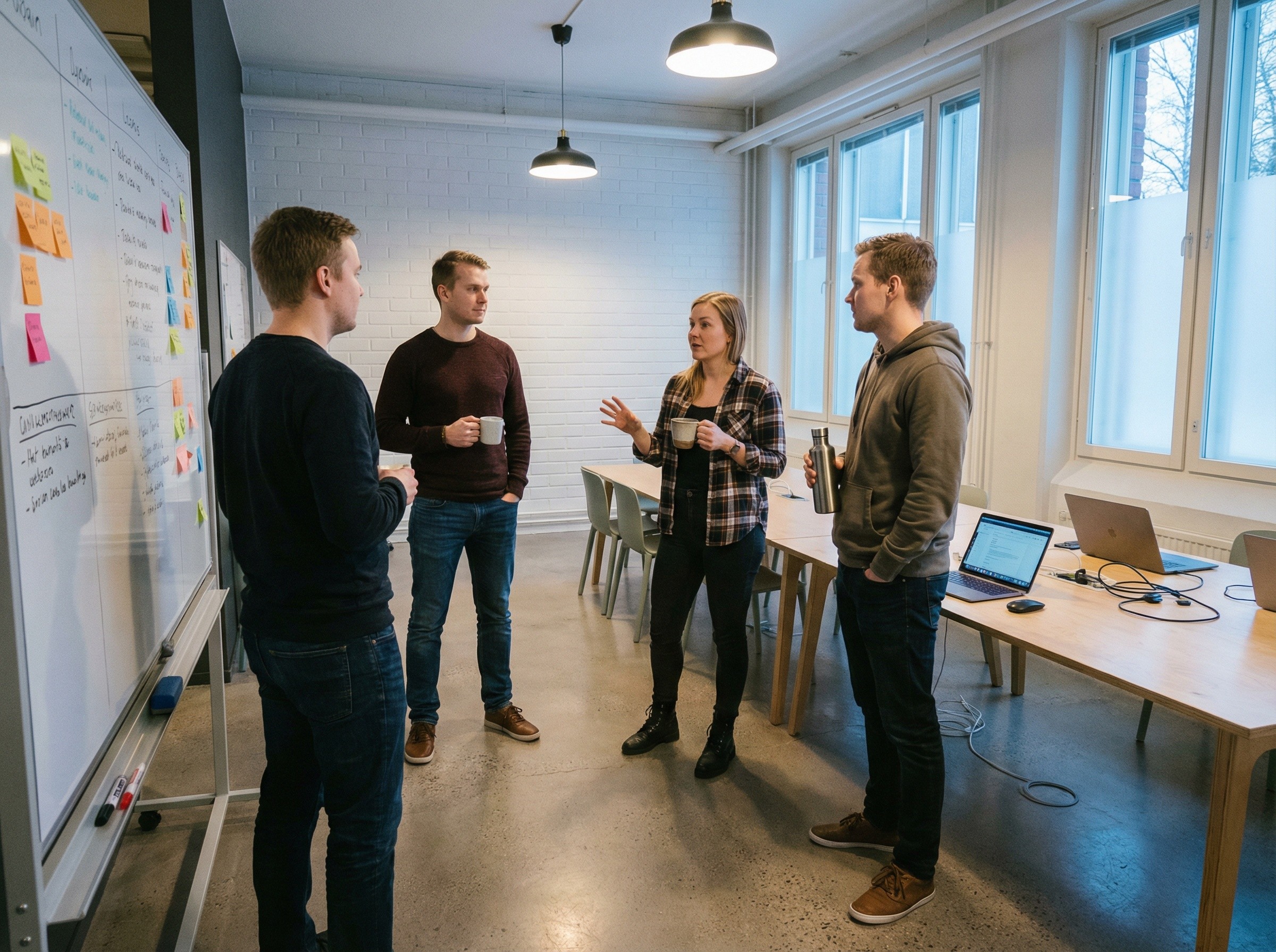 Neljä kollegaa pitää epämuodollista aamupalaveria valkotaulun edessä modernissa toimistotilassa