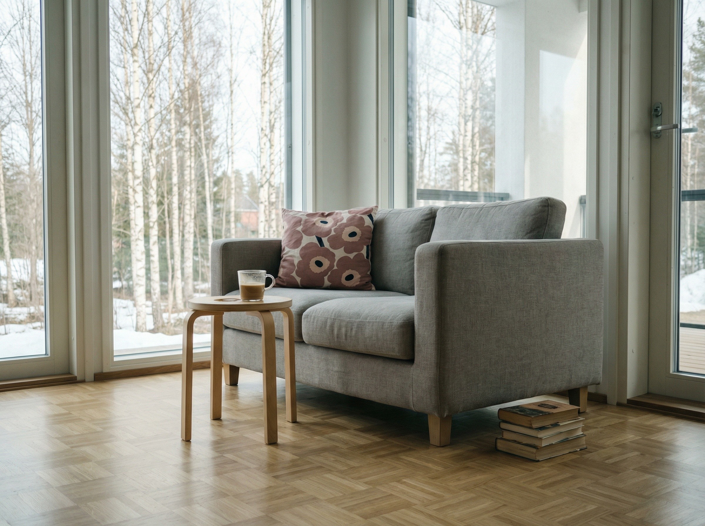 Valoisa suomalainen olohuone, jossa harmaa sohva, Marimekko-tyyny ja suuri ikkuna kevätmaisemaan