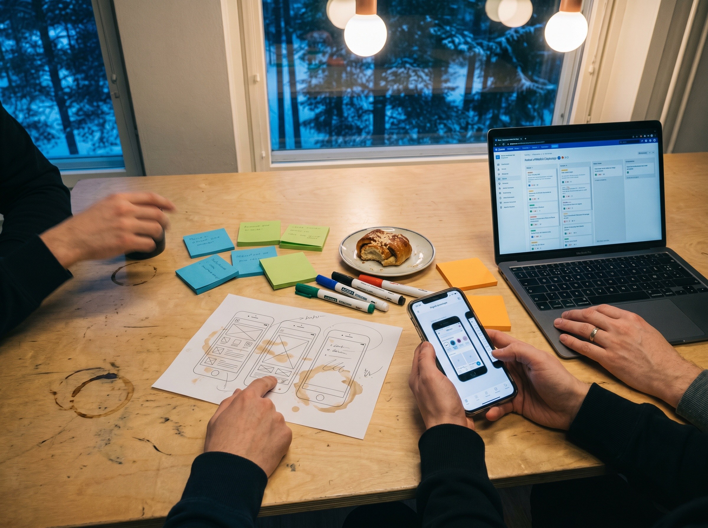 Lähikuva pöydästä jossa kädet, prototyyppejä ja muistiinpanoja teknologia-startupin suunnittelupalaverissa