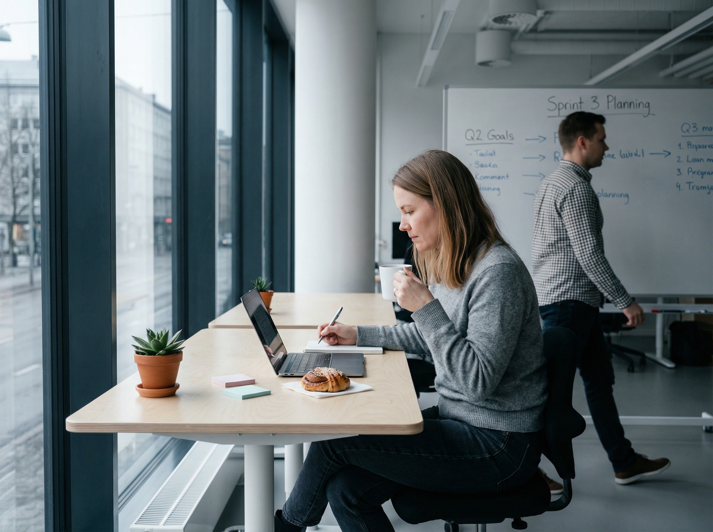 Nainen työskentelee kannettavalla tietokoneella koivuisessa avotoimistossa kahvikuppi kädessään, taustalla liikkuva kollega ja luonnonvalo ikkunasta