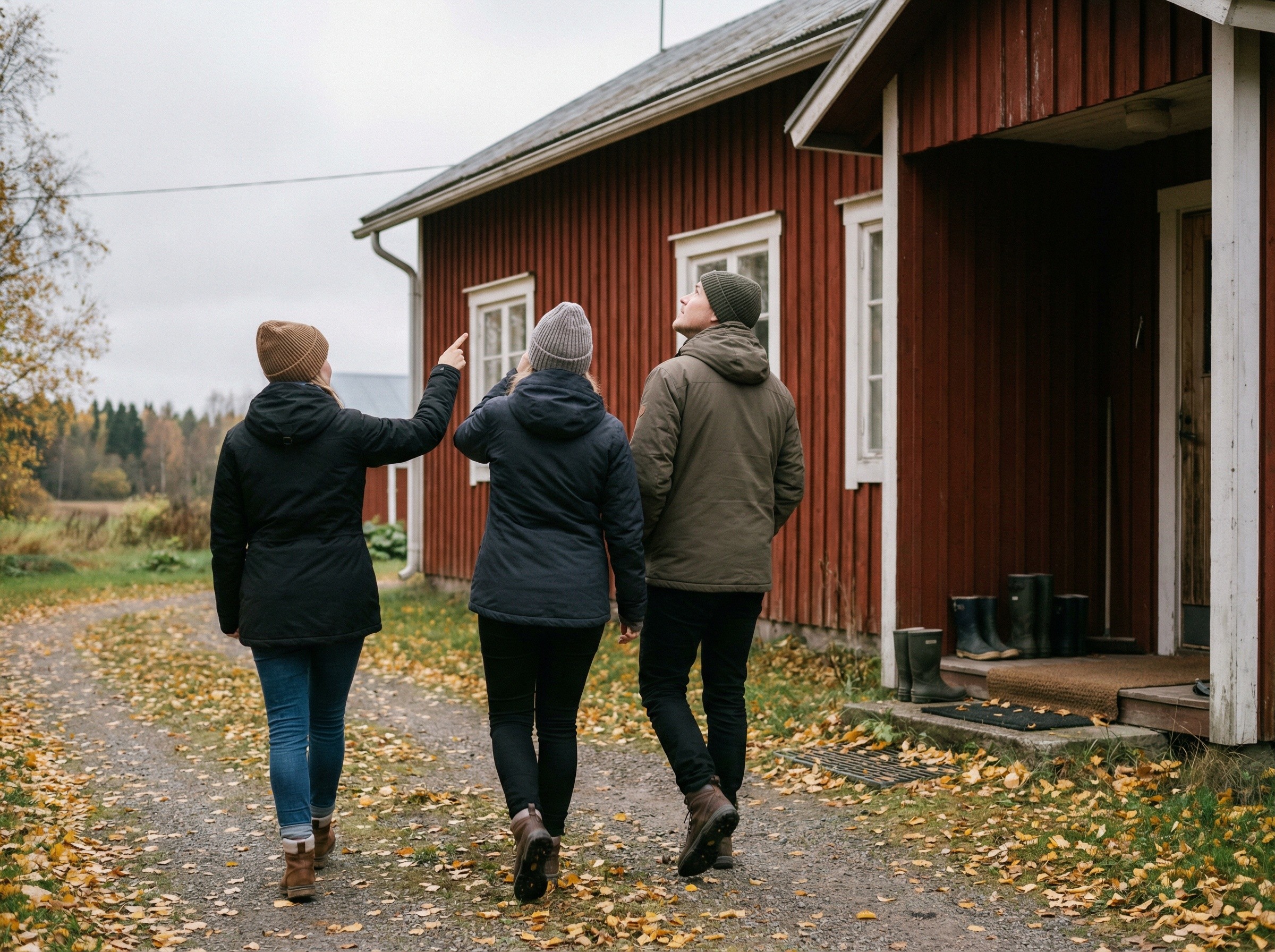 Nuori pariskunta kävelee punaisen puutalon pihalla syksyisessä maisemassa ja tarkastelee taloa mahdollisina ostajina
