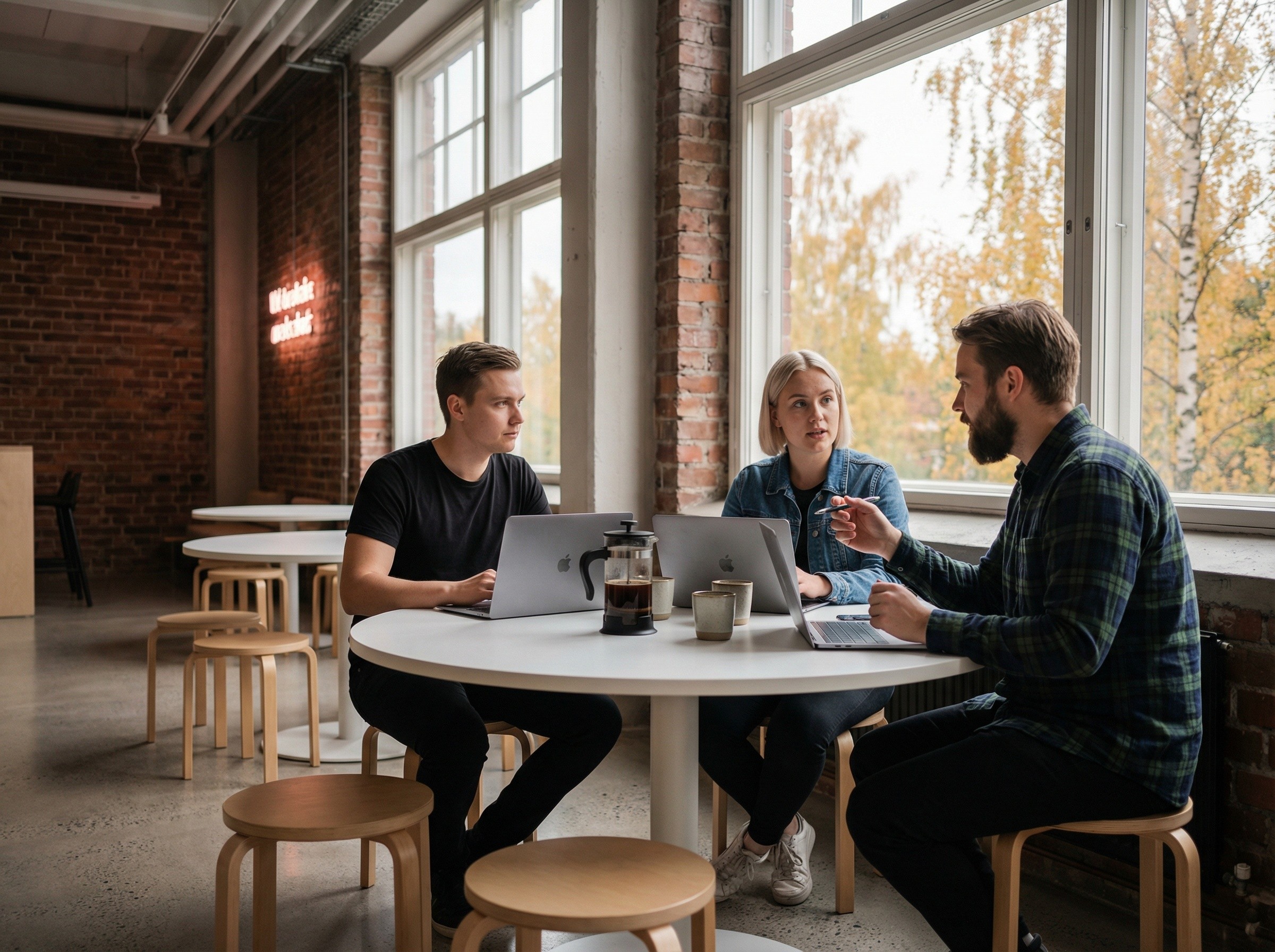 Kolme nuorta ammattilaista keskustelee kannettavien tietokoneiden äärellä syksyisessä coworking-tilassa