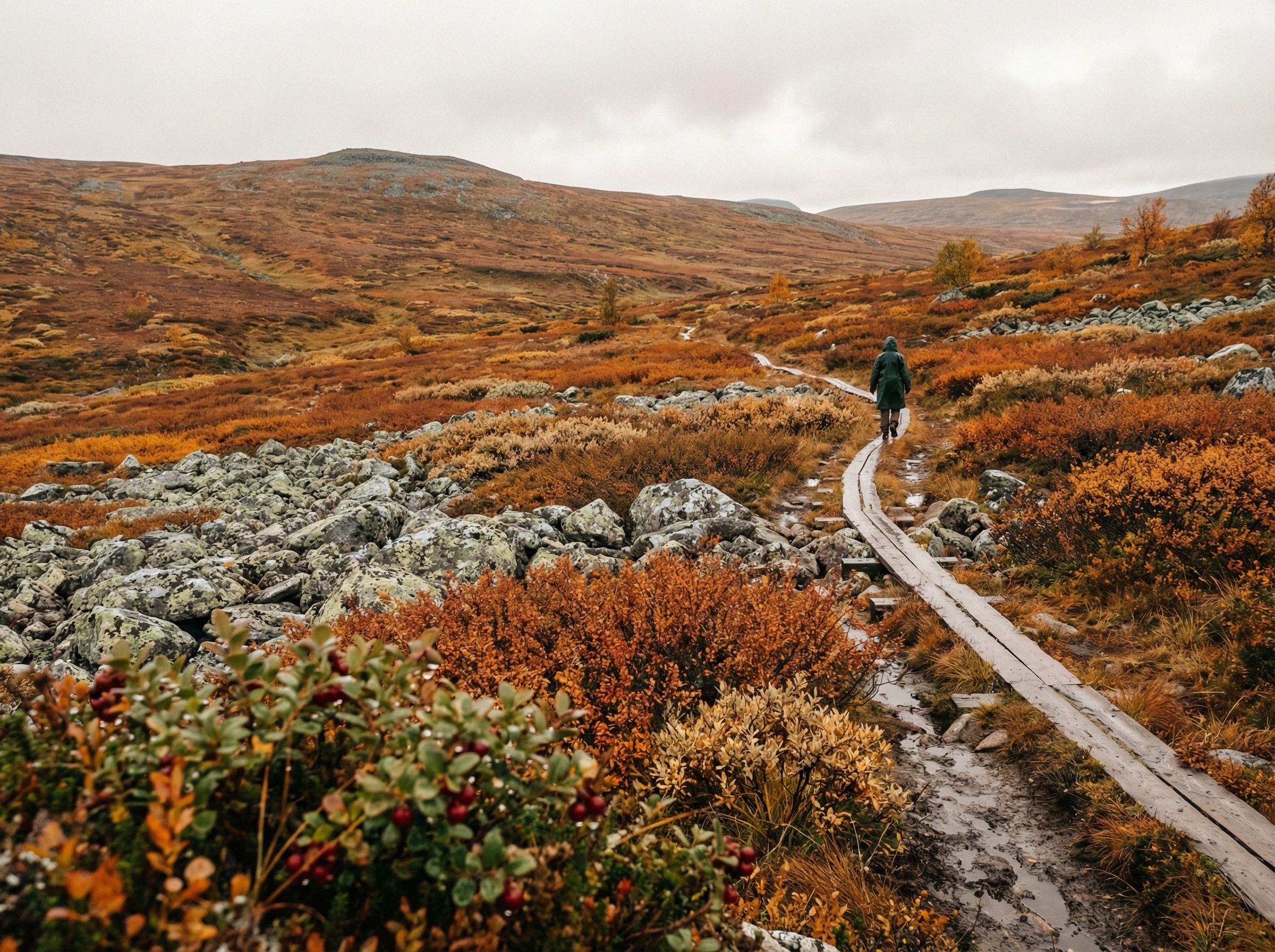 Lapin tunturimaisema ruskan aikaan, oranssia ja kultaista väriloistoa, pitkospuupolku kaartuu tunturin rinteellä, kaukana vaeltaja sadetakissa