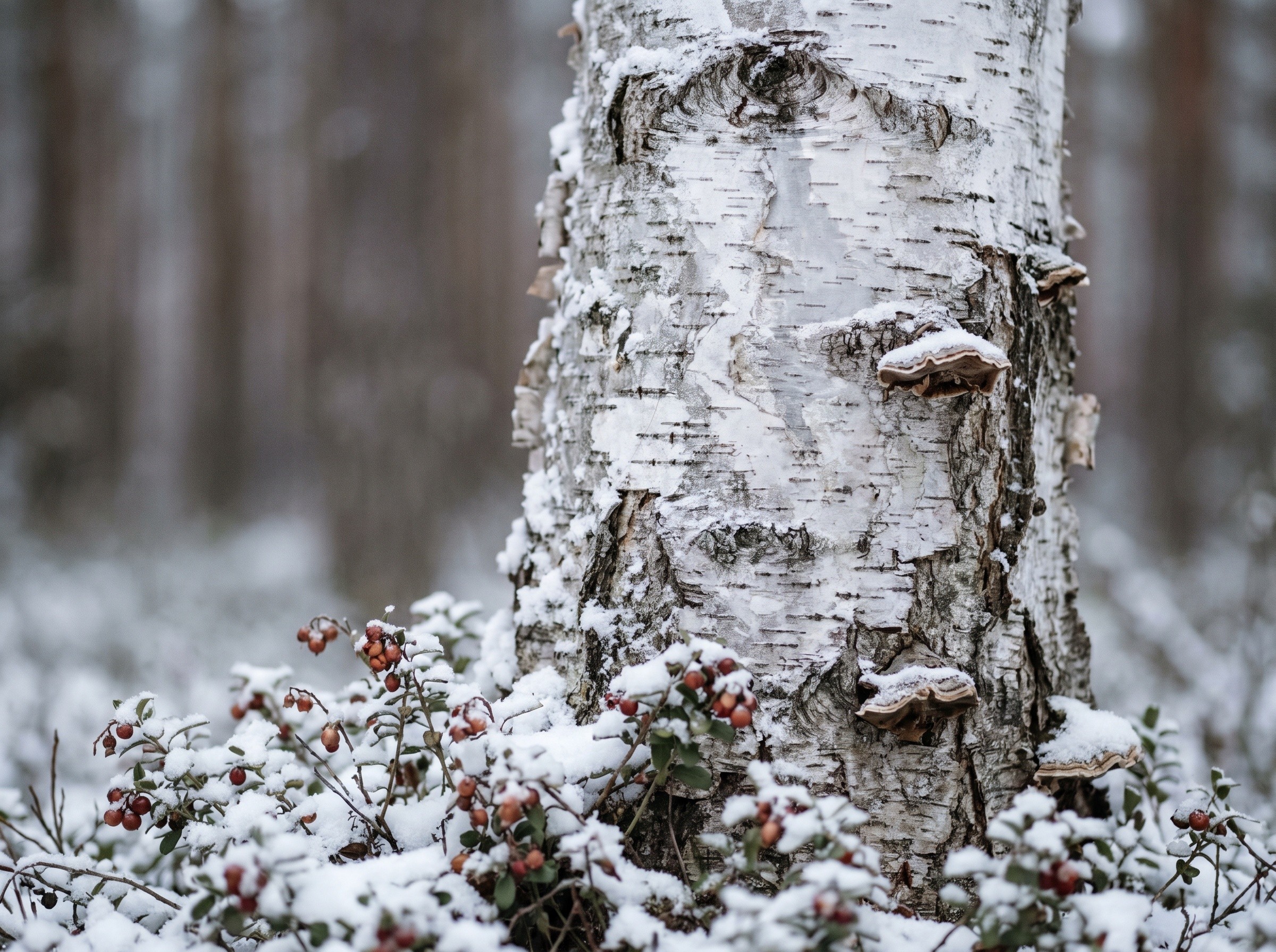 Lähikuva koivun rungosta ja tuohesta, jonka päällä ohut lumikerros suomalaisessa metsässä