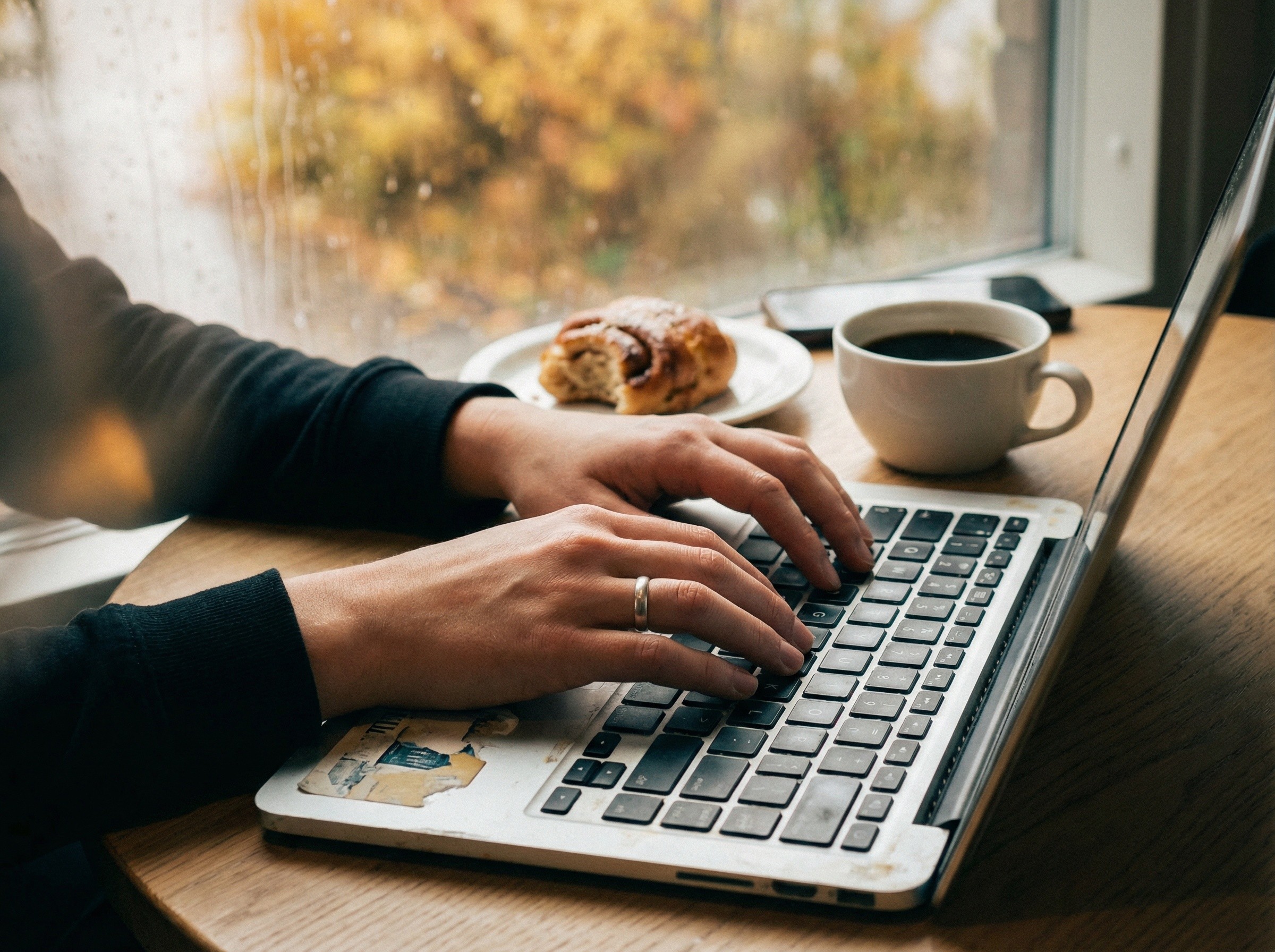 Lähikuva käsistä kirjoittamassa kannettavalla tietokoneella kahvilassa, pöydällä kahvikuppi ja korvapuusti