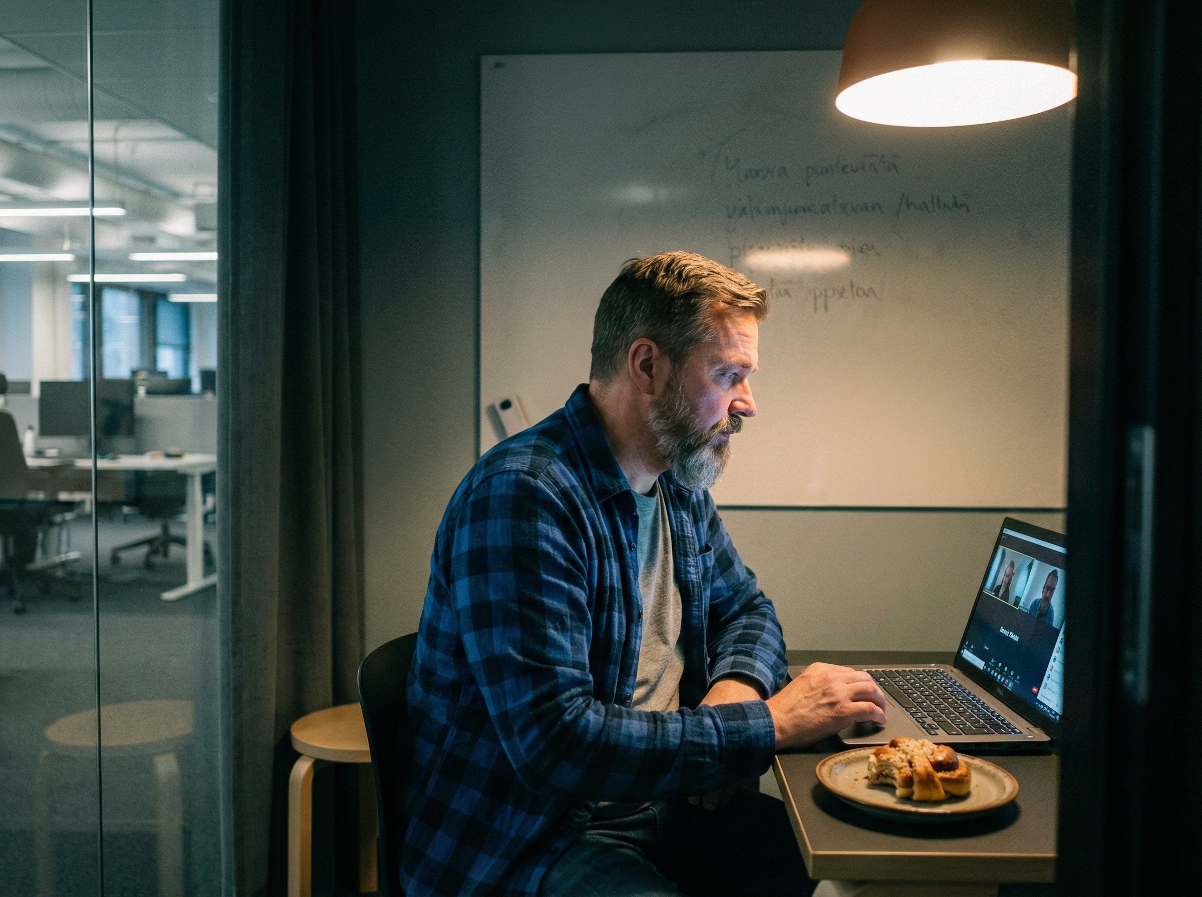 Mies osallistuu videopalaveriin kannettavalla tietokoneella pienessä neuvotteluhuoneessa
