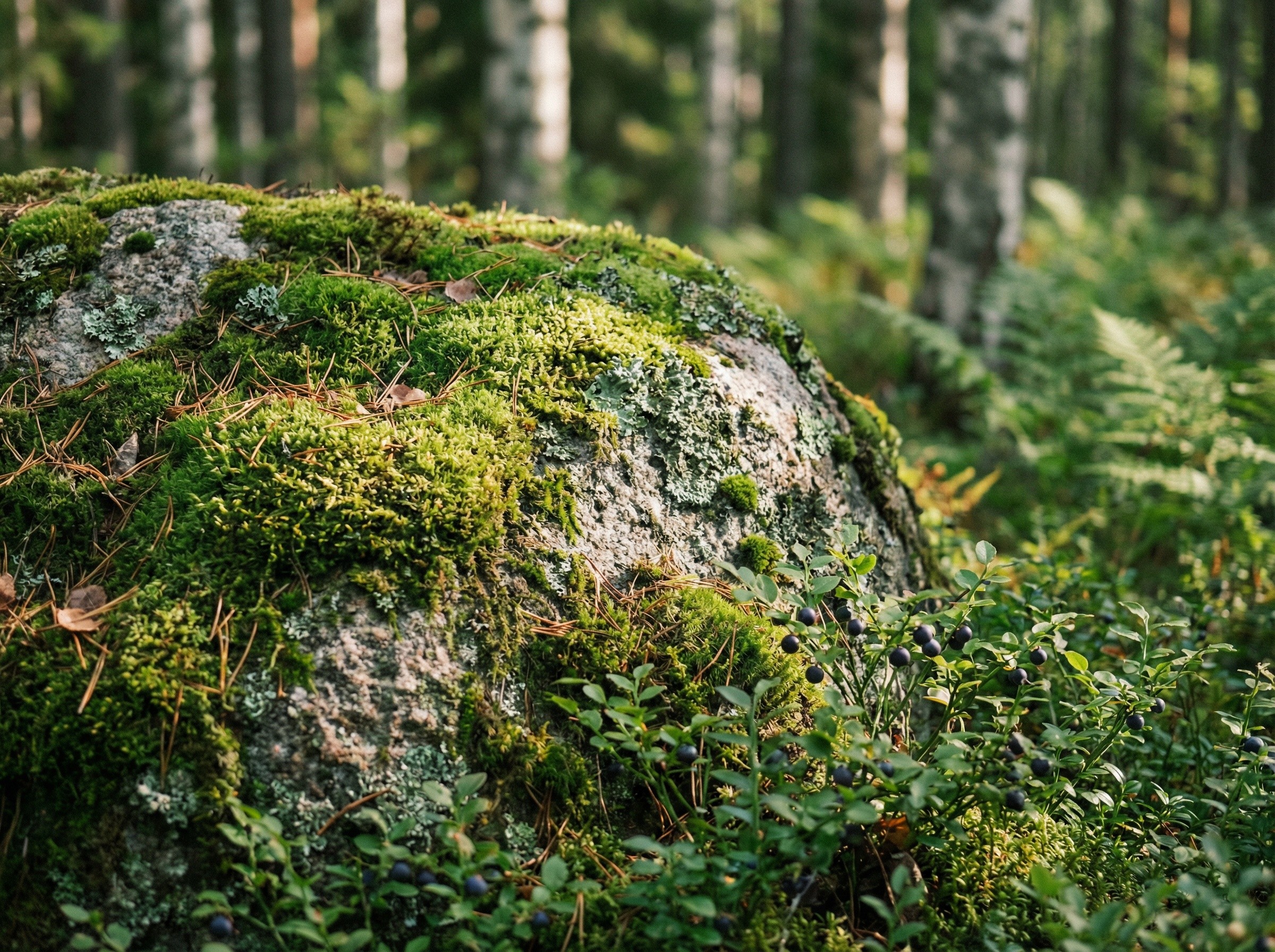 Lähikuva sammaleisesta kivestä suomalaisessa metsässä, mustikanmarjoja ja pehmeä metsänvalo
