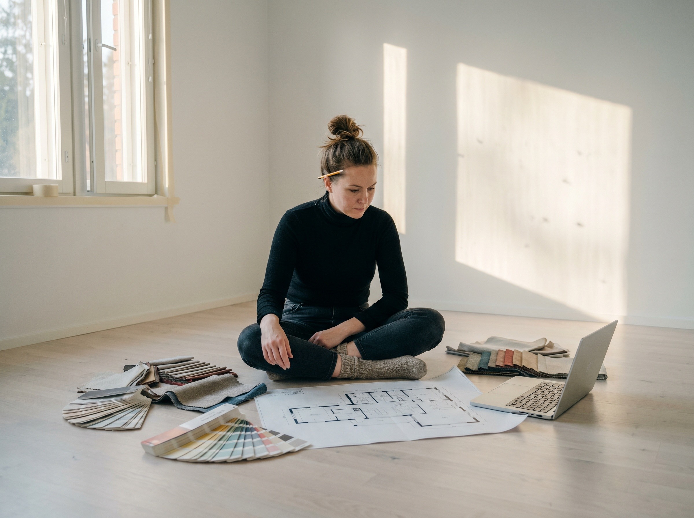 Sisustussuunnittelija istuu tyhjän huoneen lattialla kangasnäytteiden ja pohjapiirroksen keskellä syksyisessä valossa