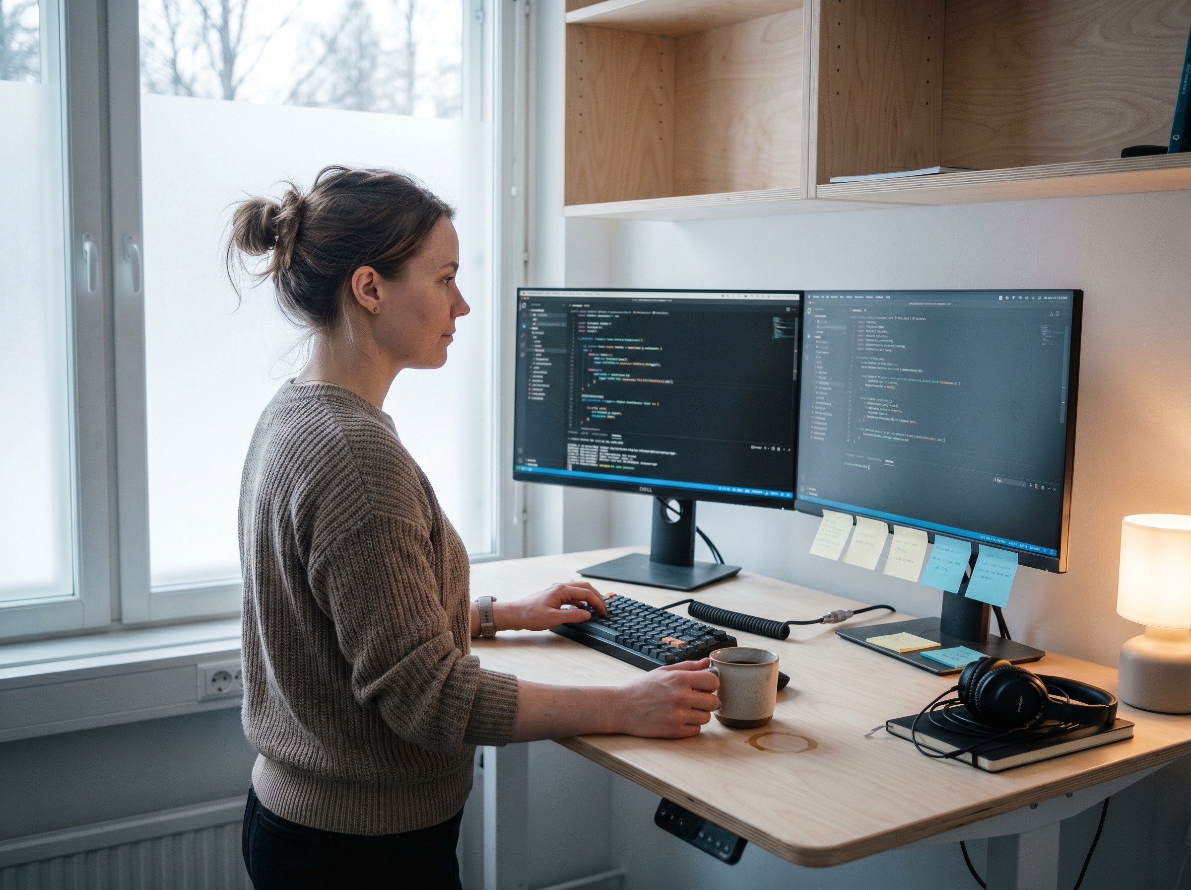 Nainen työskentelee koodaten kahdella näytöllä seisomapöydän ääressä valoisassa toimistossa talvipäivän luonnonvalossa