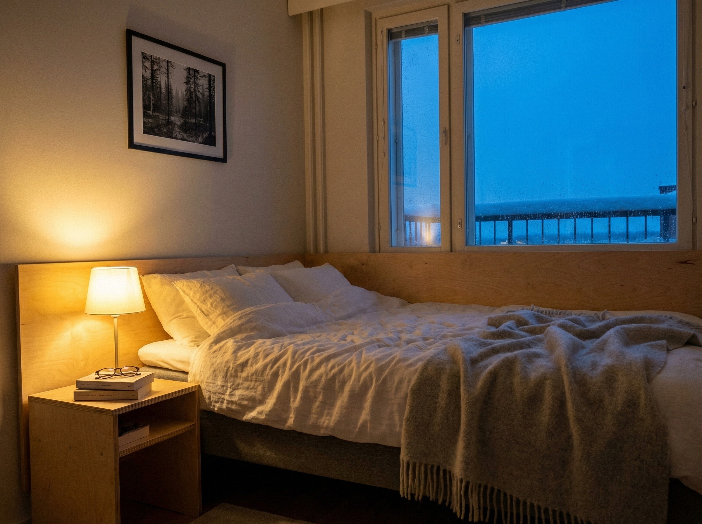 Lämmin makuuhuone talvisessa hämärässä, yöpöydällä lamppu ja kirjoja