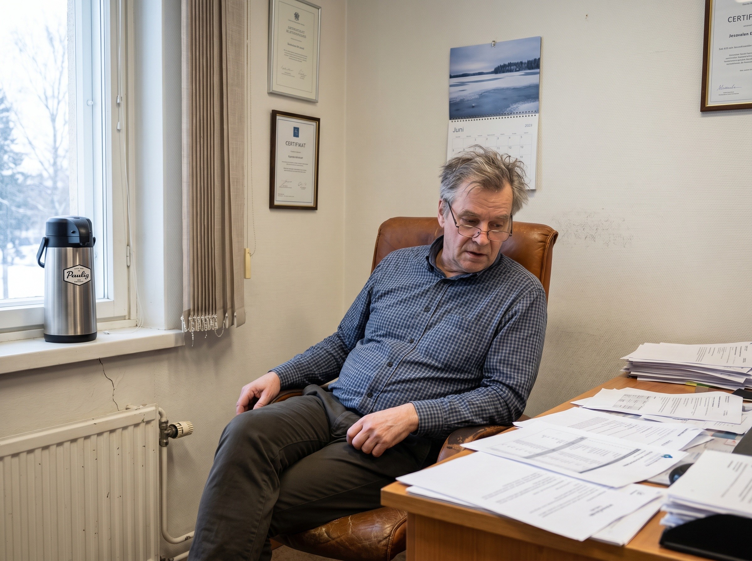 Keski-ikäinen mies tarkastelee papereitä työhuoneessaan talvisessa päivänvalossa