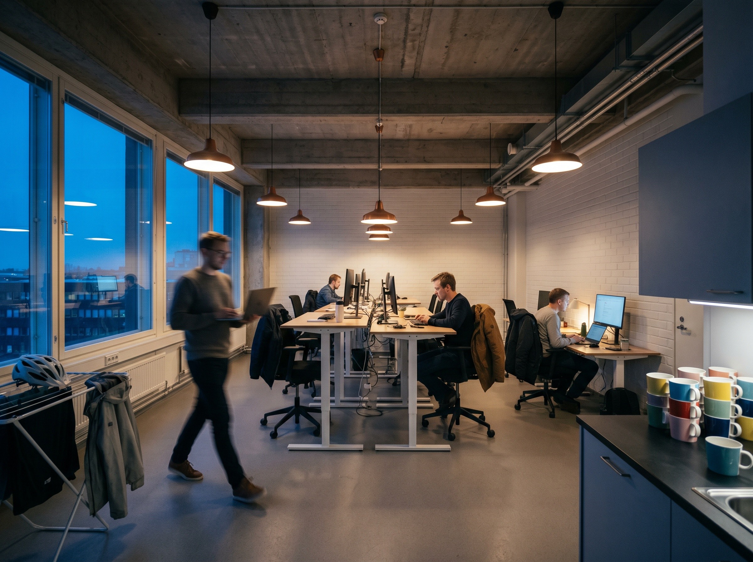 Laaja kuva modernista startup-toimistosta pimeänä marraskuisena aamuna lämpimässä valaistuksessa