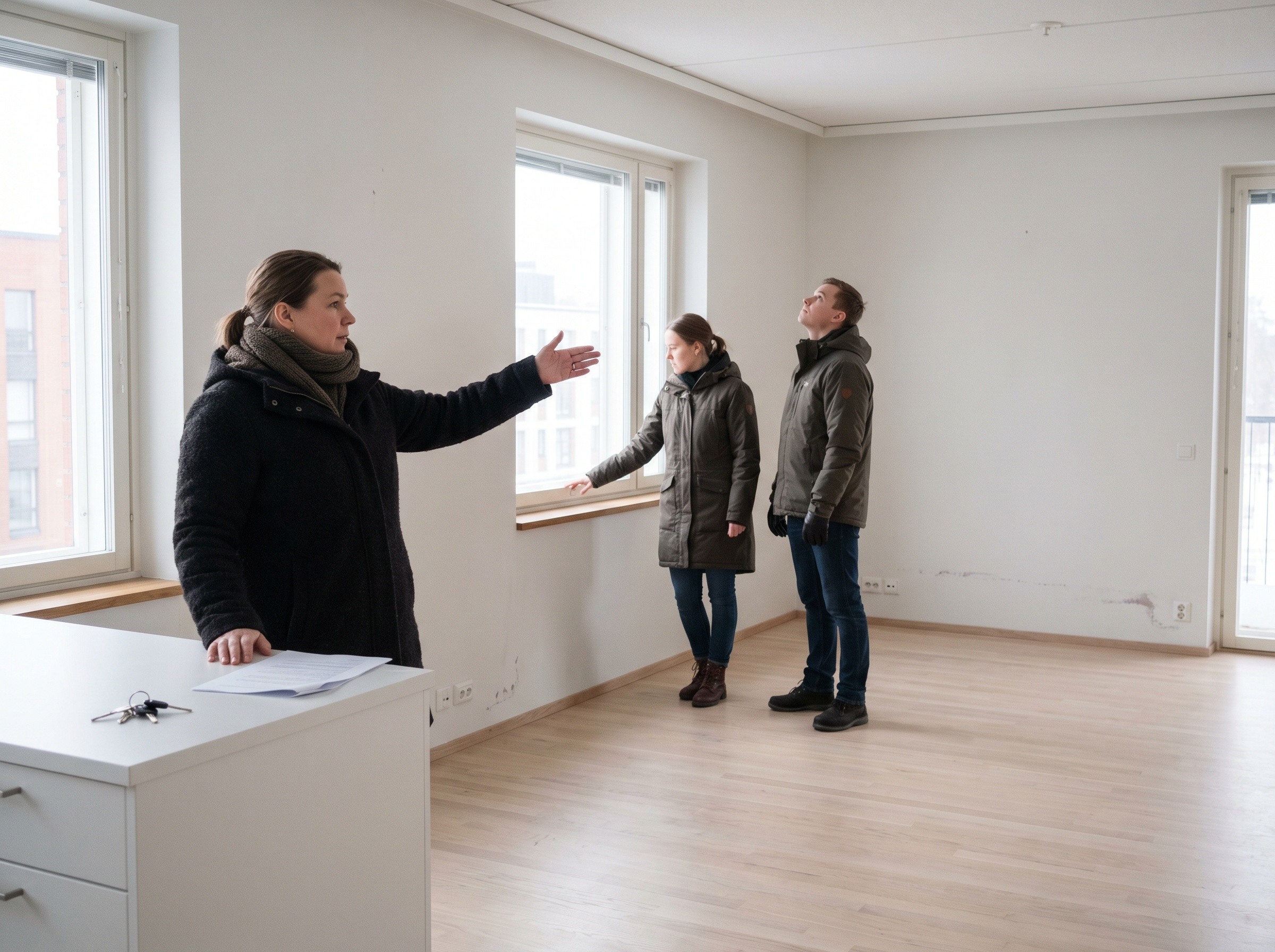 Kiinteistövälittäjä esittelee valoisaa tyhjää asuntoa nuorelle pariskunnalle talvisessa päivänvalossa