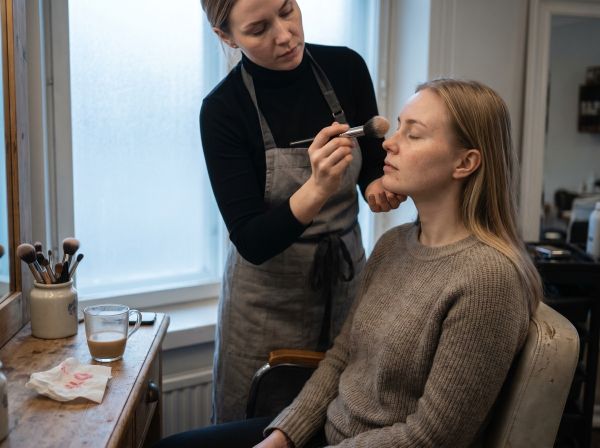 Meikkaaja levittää luonnollista meikkiä asiakkaalle kauneushoitolassa pehmeässä talvisessa aamuvalossa