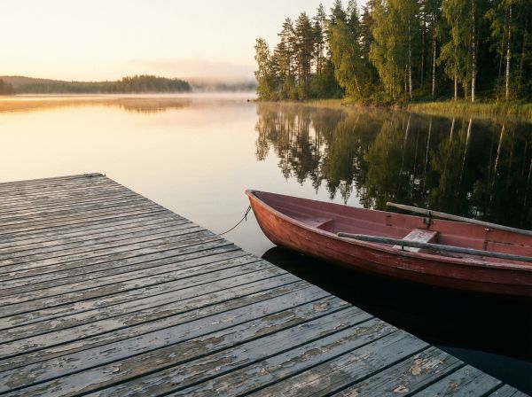 Tyyni järvimaisema laiturilta kuvattuna keskikesän iltana, vedessä heijastuu koivu- ja mäntyrantametsä, laiturissa kiinni haalistunut punainen soutuvene