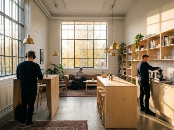 Moderni yhteistyötila syysaamun valossa, useita ihmisiä työskentelemässä rauhallisessa ympäristössä