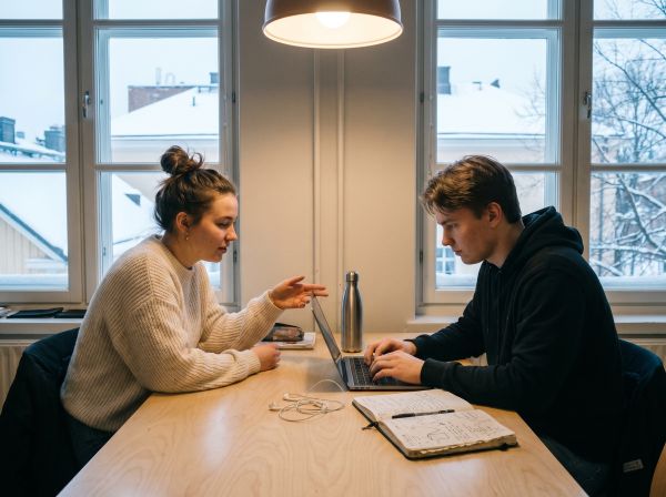 Kaksi nuorta työskentelee yhdessä kannettavan tietokoneen ääressä talvisessa coworking-tilassa