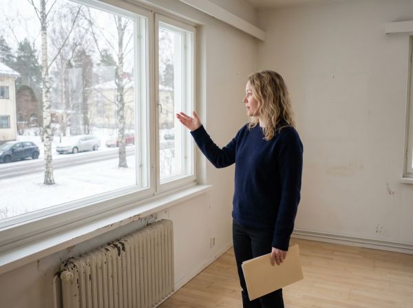 Kiinteistönvälittäjä seisoo tyhjässä, valoisassa asunnossa talvipäivänä ja osoittaa kohti isoja ikkunoita, joista tulvii pehmeää luonnonvaloa