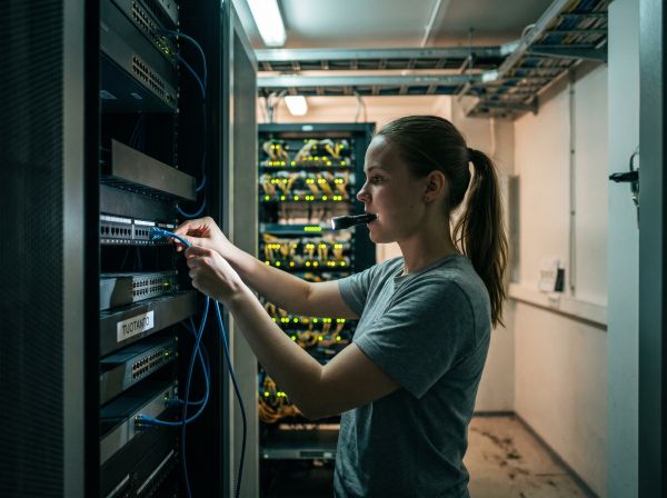 Nuori nainen asentaa verkkokaapeleita palvelinräkkiin pienessä konesalissa, LED-valot vilkkuvat taustalla