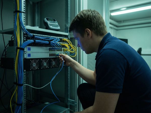 IT-teknikko kyykistyy kytkemään verkkokaapelia palvelinräkkiin pienen yrityksen palvelinhuoneessa sinisten LED-valojen valaisemana