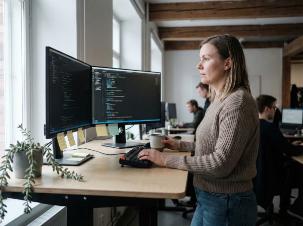 Naispuolinen ohjelmistokehittäjä seisoo sähköpöydän ääressä Helsinki-tyylisessä startup-toimistossa kahvimuki kädessään ja katsoo koodia kahdelta näytöltä