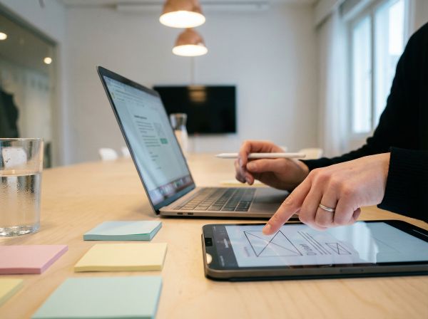 Lähikuva käsistä, jotka suunnittelevat käyttöliittymää kannettavalla tietokoneella ja tabletilla palaverissa