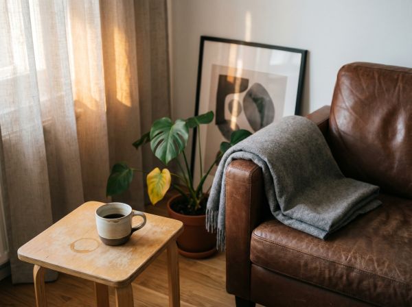 Kodikas olohuoneen yksityiskohta nahkatuolista, kahvikupista ja huonekasvista pehmeässä iltapäivänvalossa