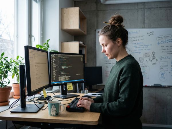 Naispuolinen ohjelmistokehittäjä kirjoittaa koodia seisomapöydän ääressä helsinkiläisessä startup-toimistossa talvivalossa