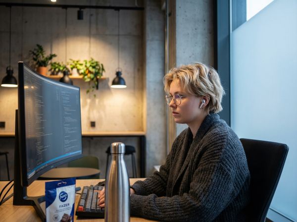 Nuori nainen työskentelee näytön ääressä coworking-tilassa, talvinen aamuvalo ja betoniseinät ympärillä