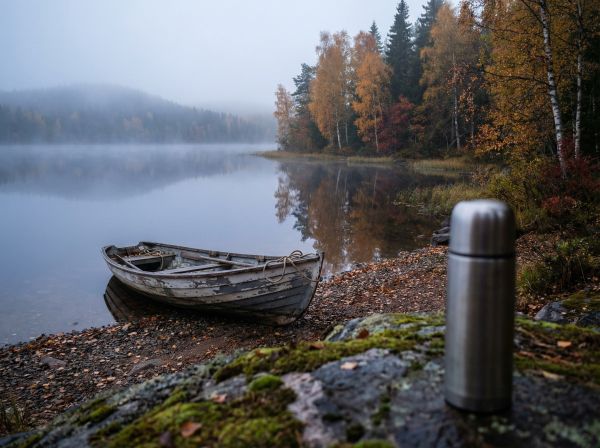 Tyyni suomalainen järvi syksyllä sumuisena aamuna, rannalla vanha puinen soutuvene, teräksinen termospullo ja ruskassa hehkuvia koivuja