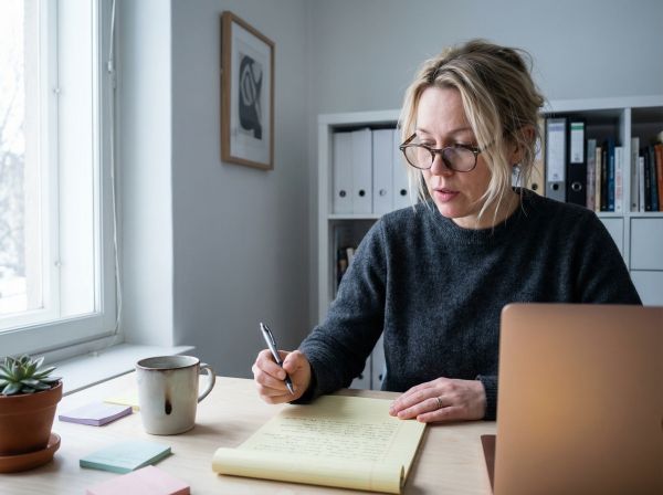 Nainen keskittyy muistiinpanojen lukemiseen koivuvanerisen työpöydän ääressä valoisassa toimistossa